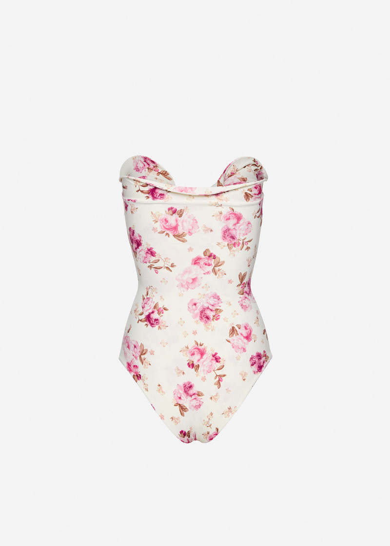 Sculptural rose bustier swimsuit in cream floral print 2