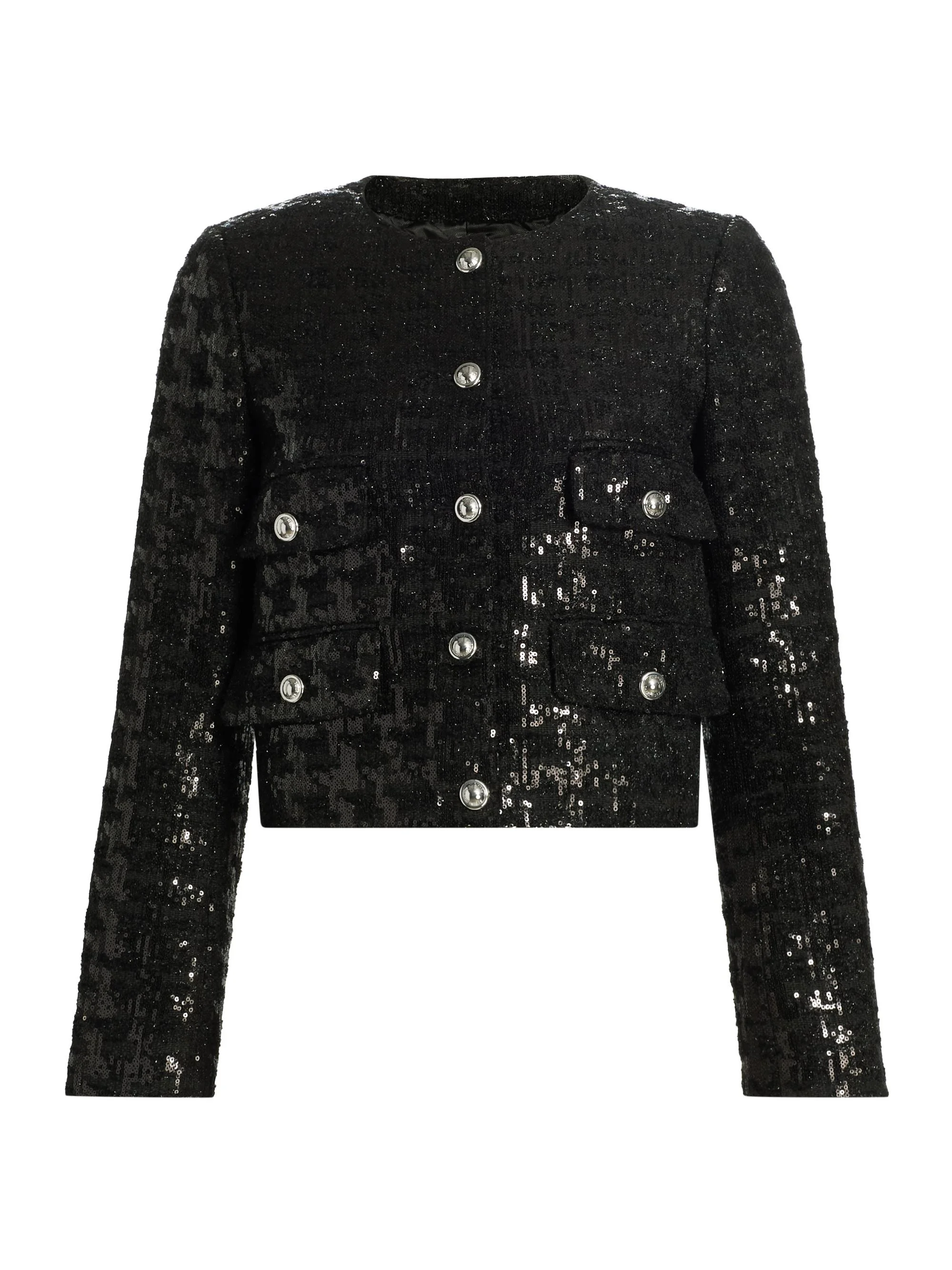 Women's Sequin Tweed Crop Jacket - Black - 1