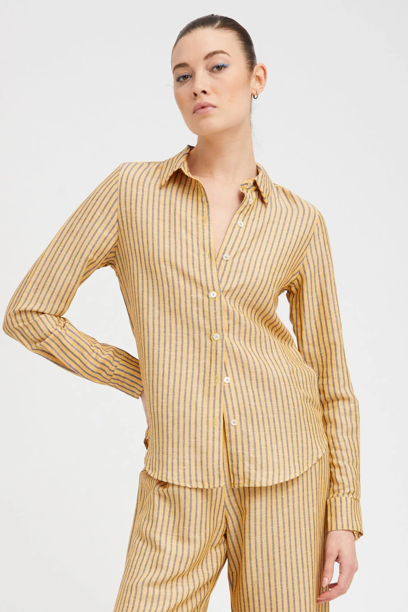 YELLOW INDIGO STRIPE LINEN FONDA BUTTON DOWN - 1