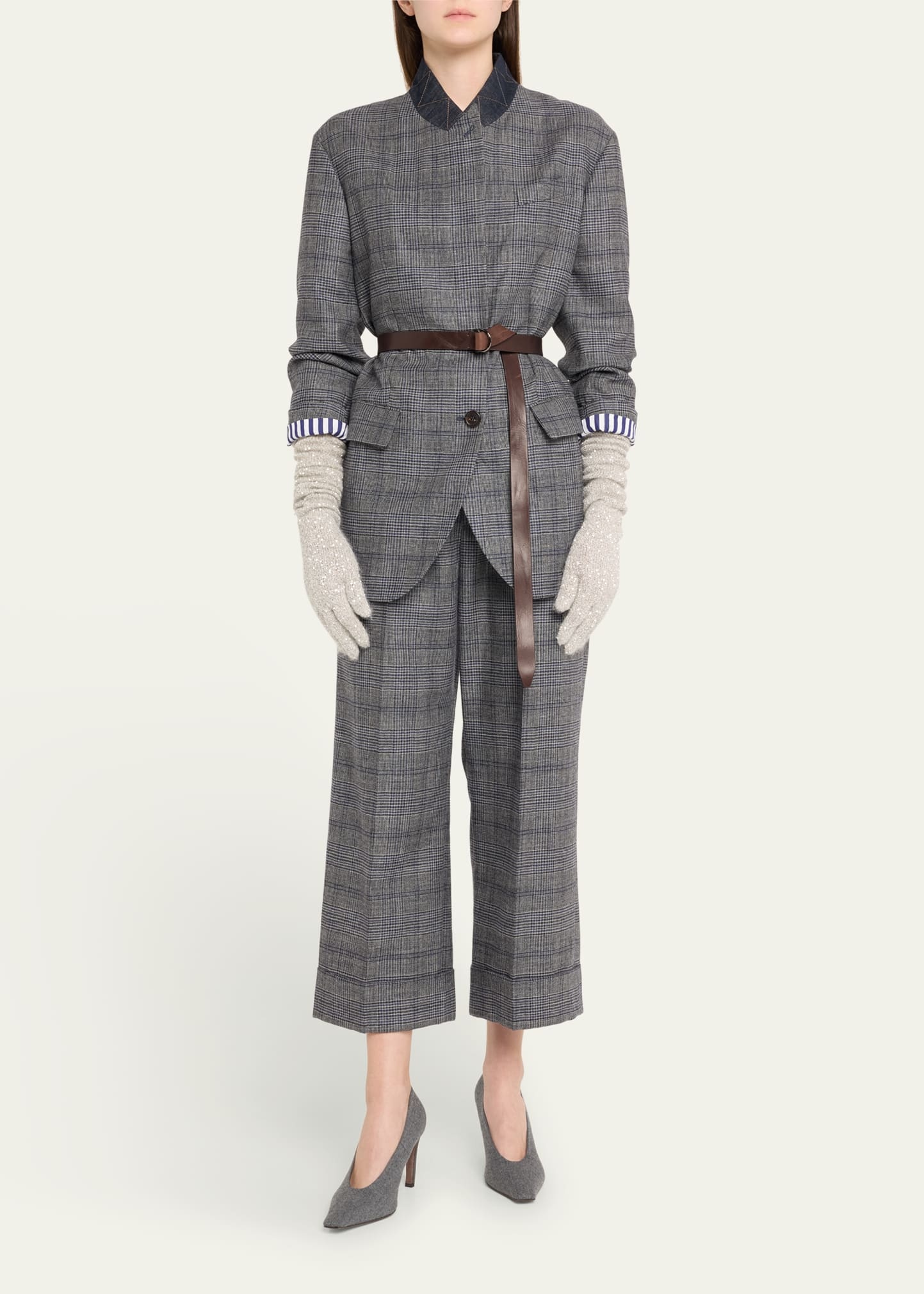 Belted Wool Prince Of Wales Single-Breasted Blazer Jacket - 2