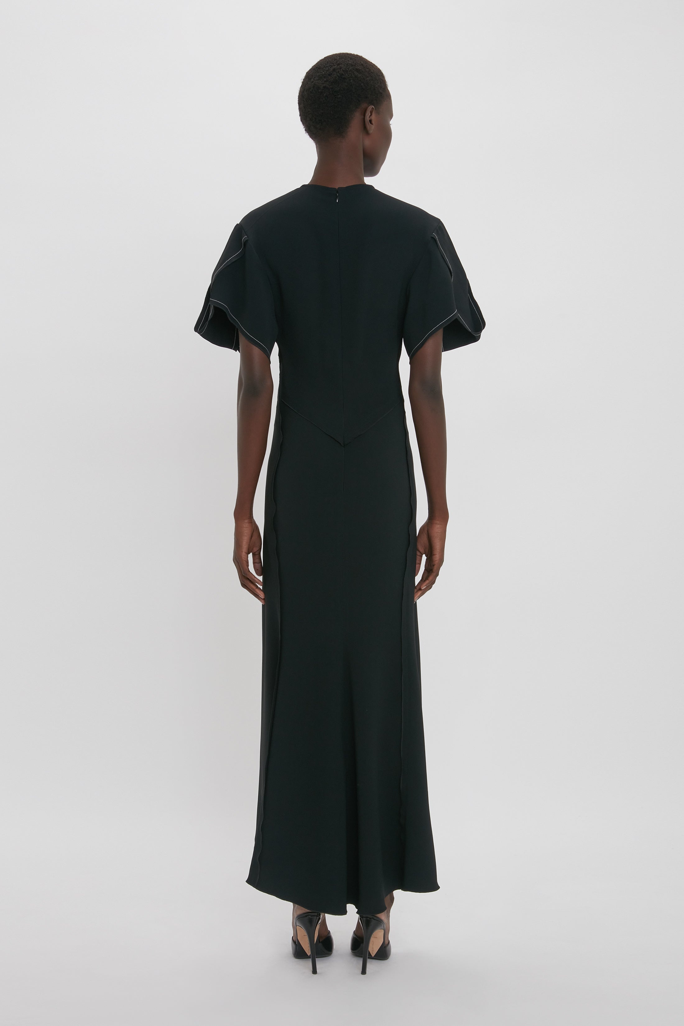 Gathered V-Neck Midi Dress in Black - 2