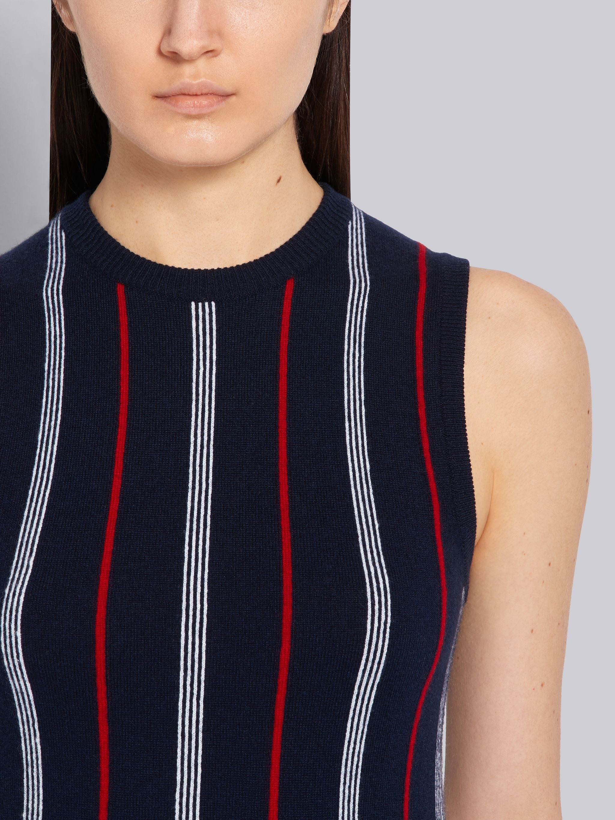 Navy Cashmere Silk Hairline Stripe Crewneck Shell Knit Top - 5