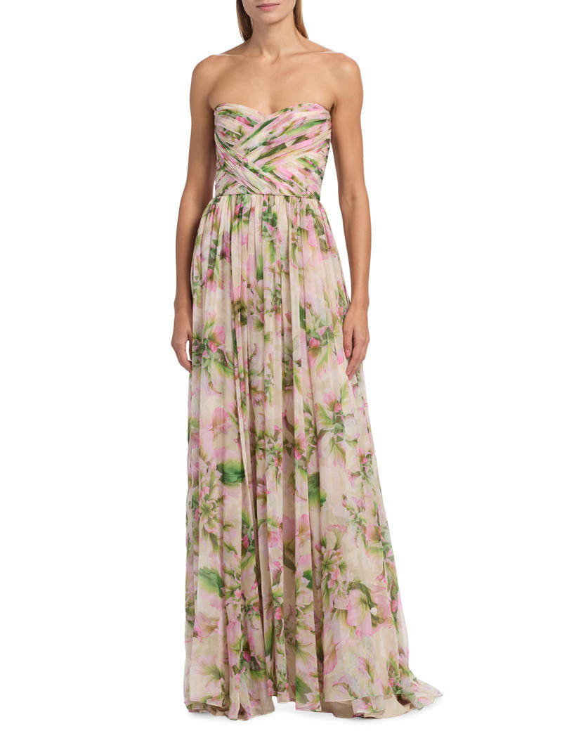 Women's Floral Chiffon Draped Strapless Gown - Carnation Multi 4