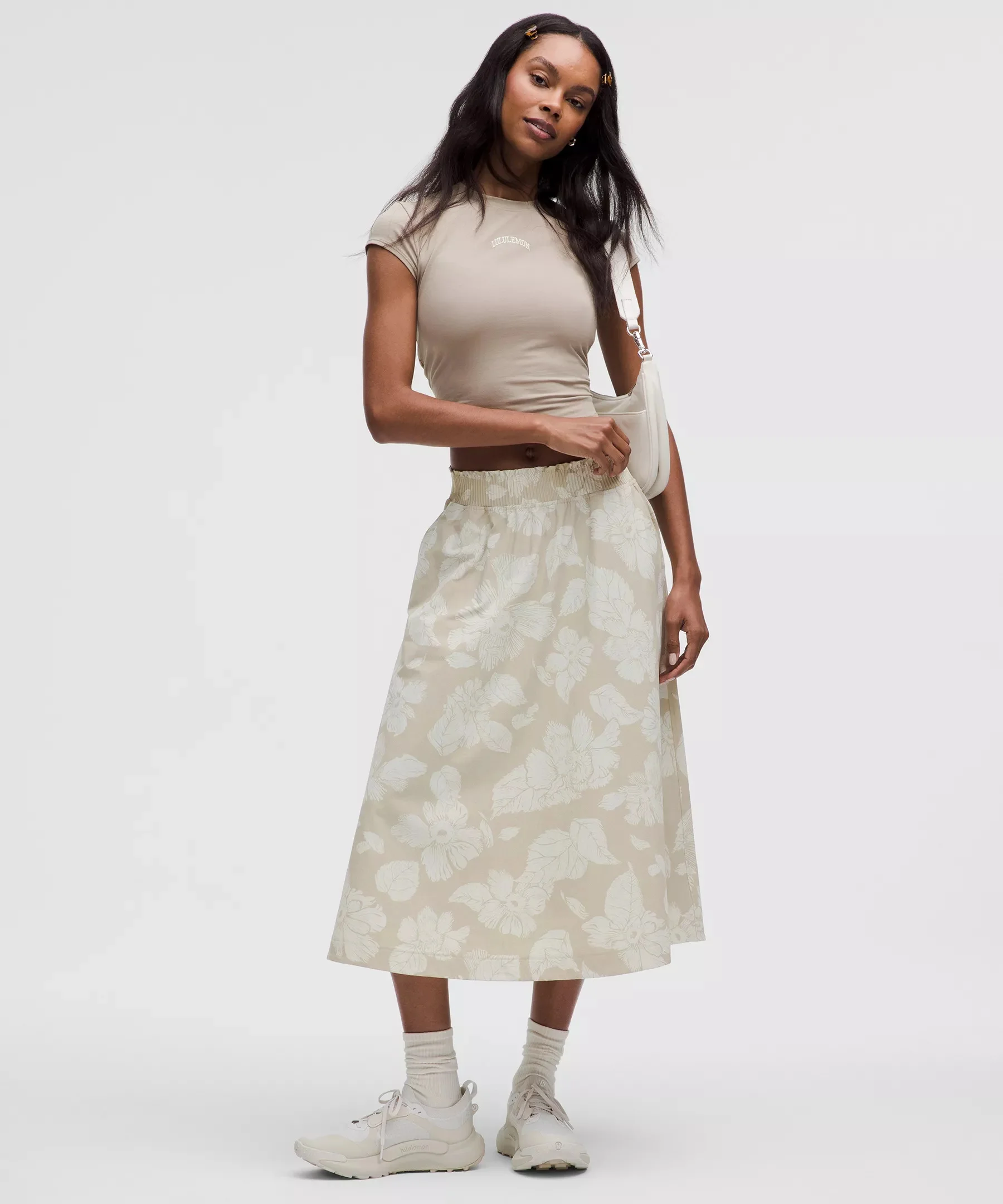 Stretch Woven Ruffle-Waist Midi Skirt - 1