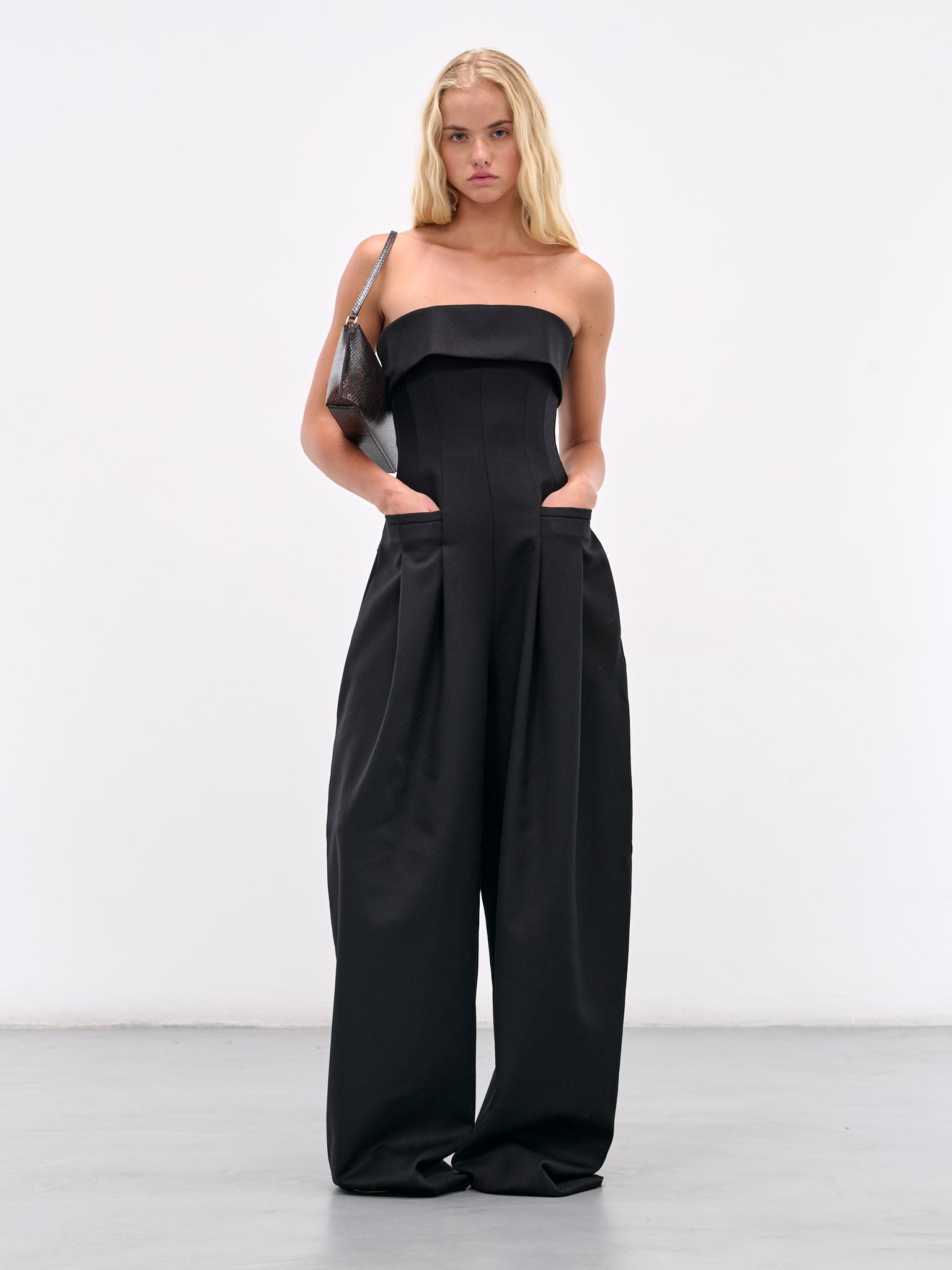 Black Wool Rounded Strapless Jumpsuit - 6