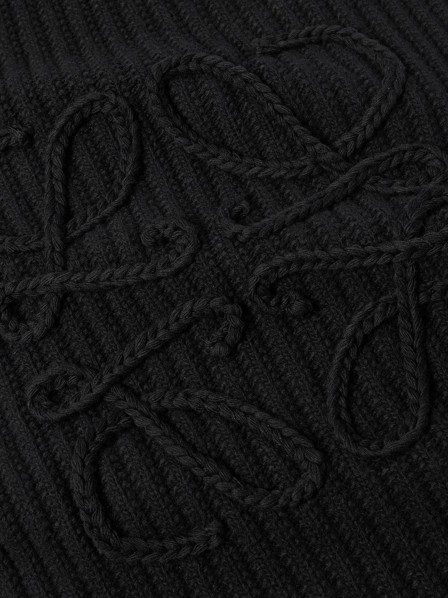 Anagram Embroidered Ribbed Wool Scarf Black - 3