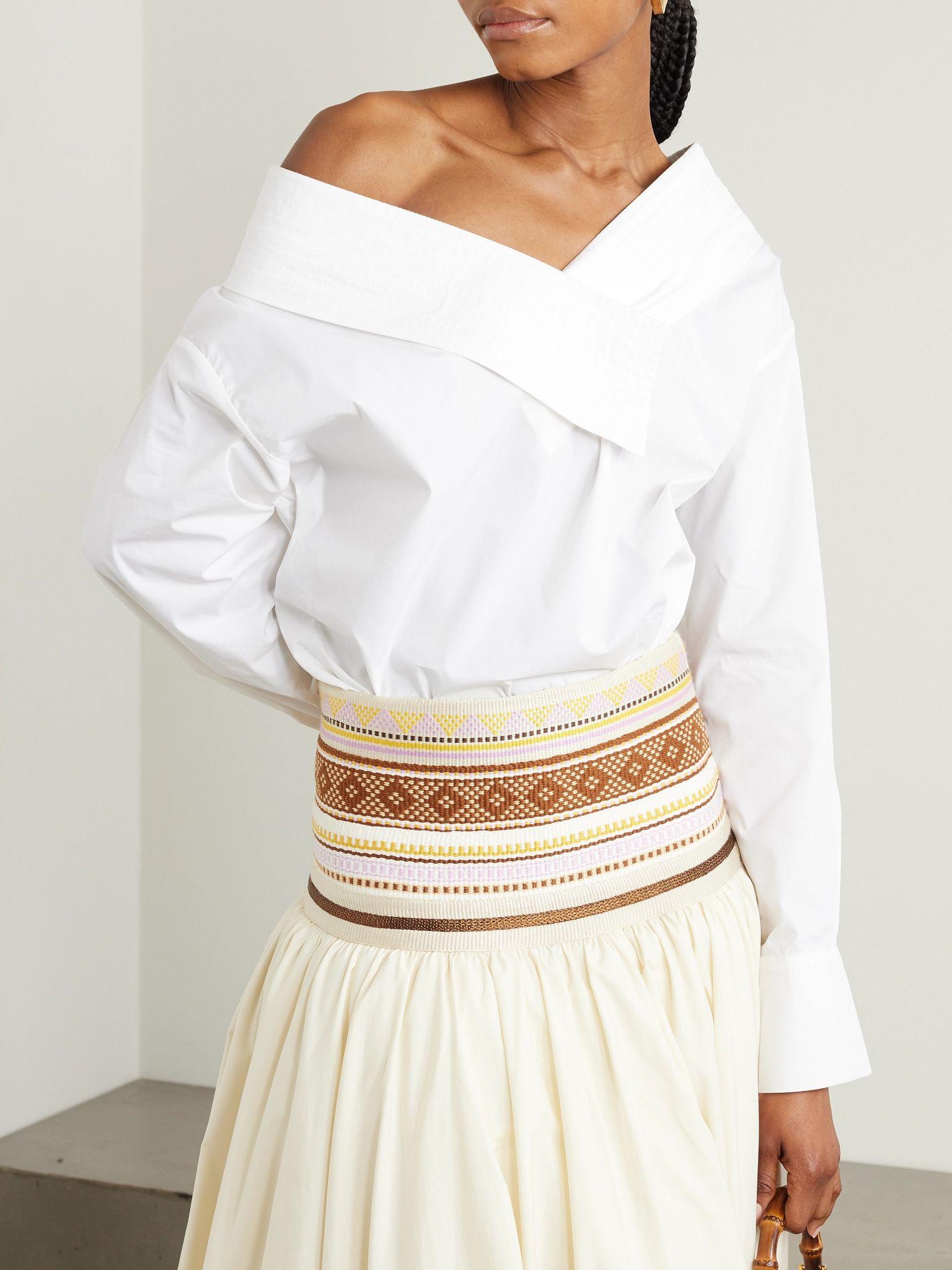 One-shoulder topstitched cotton-blend poplin and jersey bodysuit White - 3