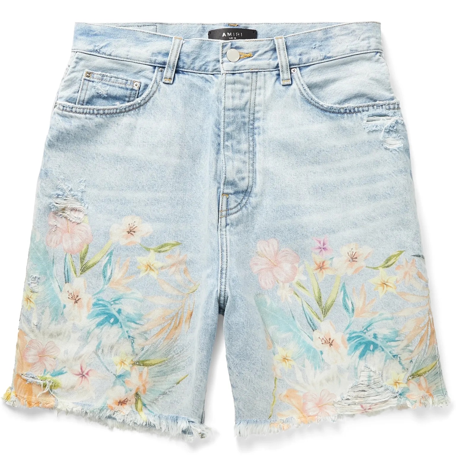 Distressed Floral-Print Denim Shorts - 1