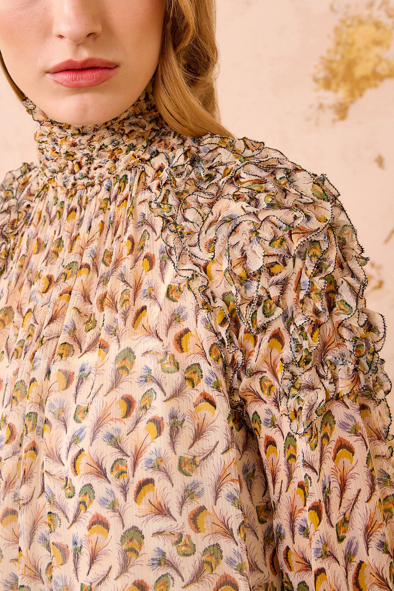 ULLA JOHNSON Magdalena Silk Embroidered Ruffle Long Sleeve Blouse outlook