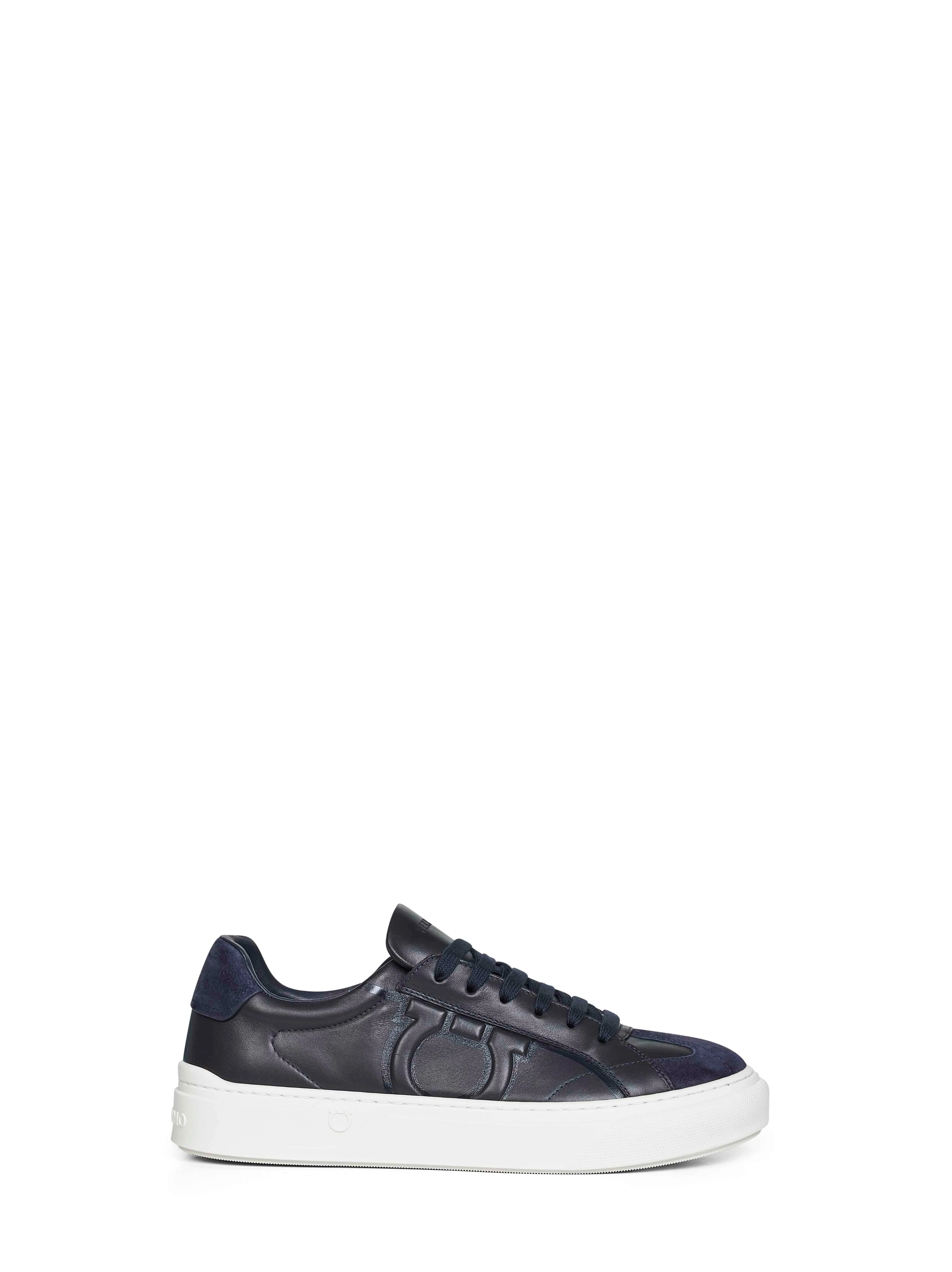 Ferragamo Men Navy Blue Leather Gancini Sneakers - 1