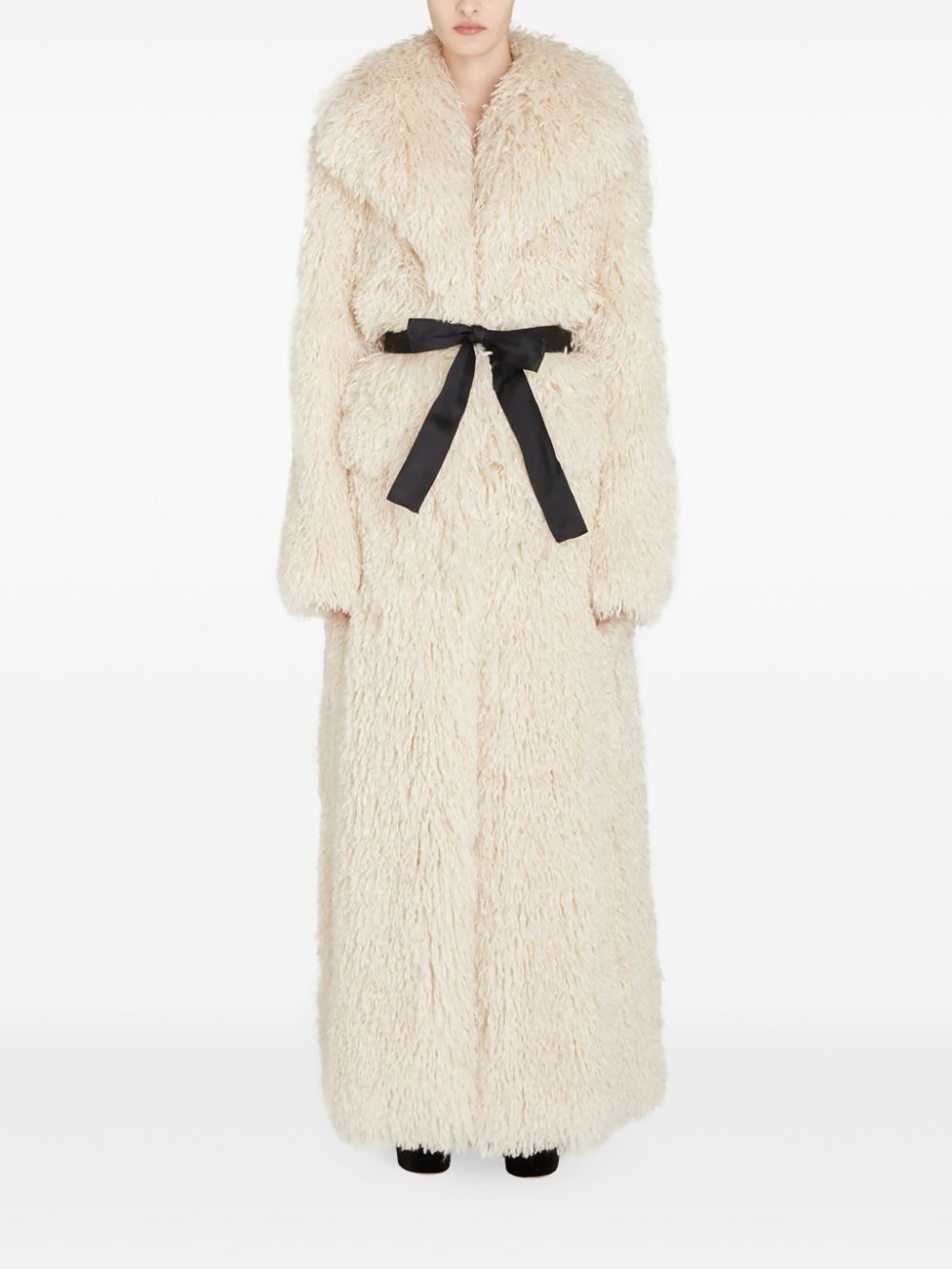 bow-embellished faux fur coat - 2