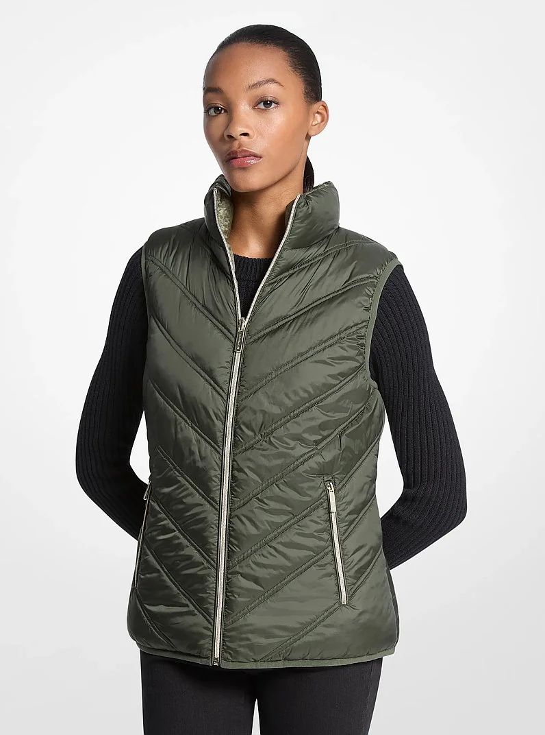 Chevron Quilted Logo Print and Nylon Packable Vest - 1