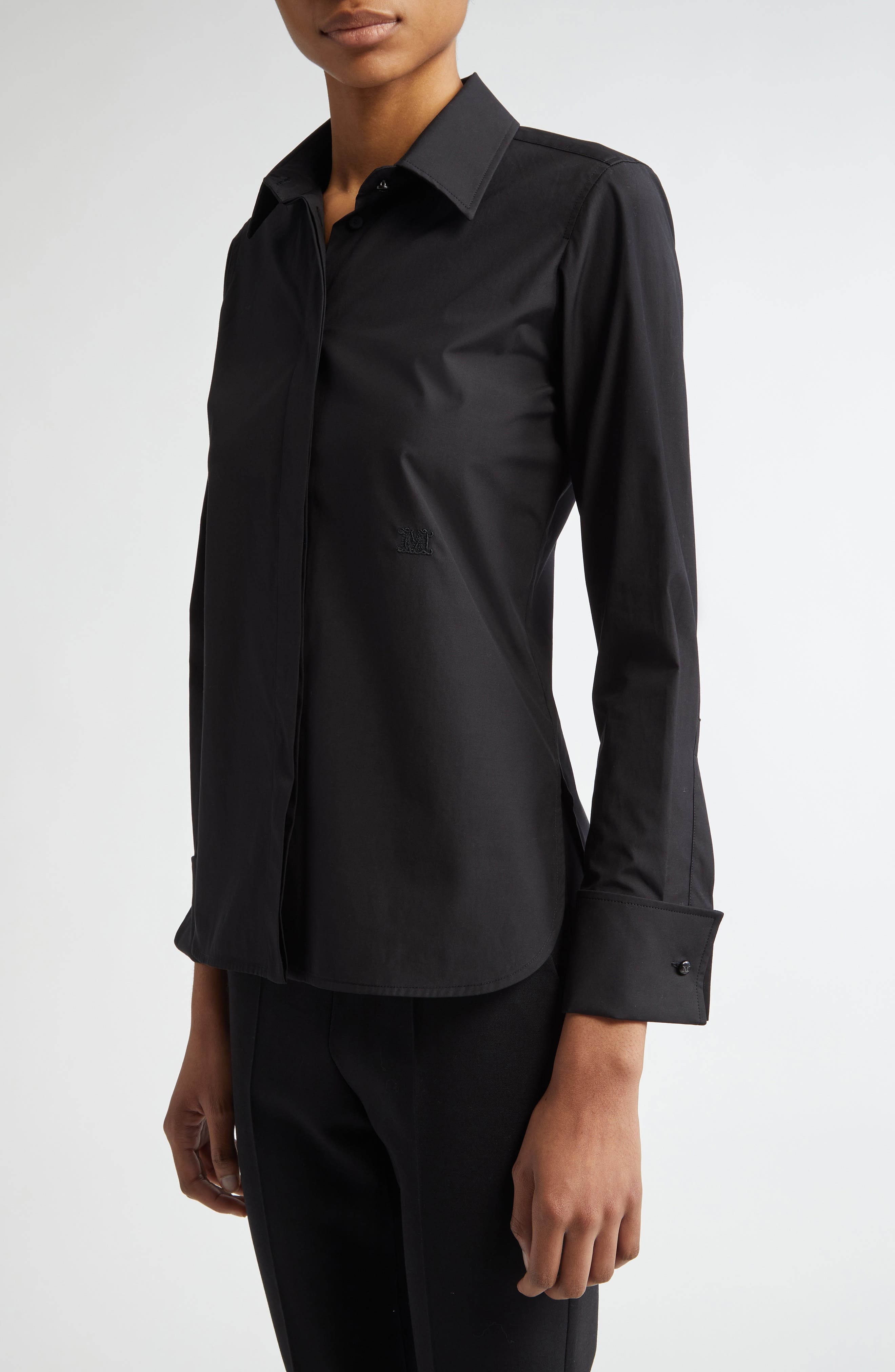 Max Mara Knut Stretch Cotton Button-Up Shirt in Black at Nordstrom - 4