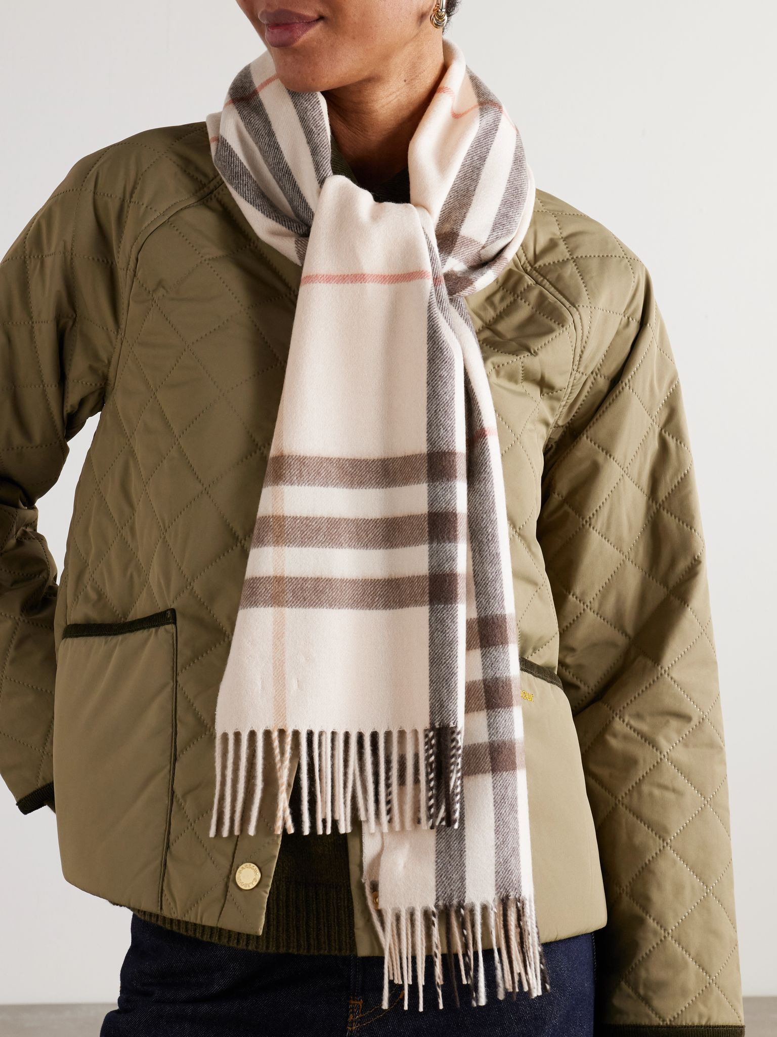 Fringed checked cashmere scarf Cream - 2
