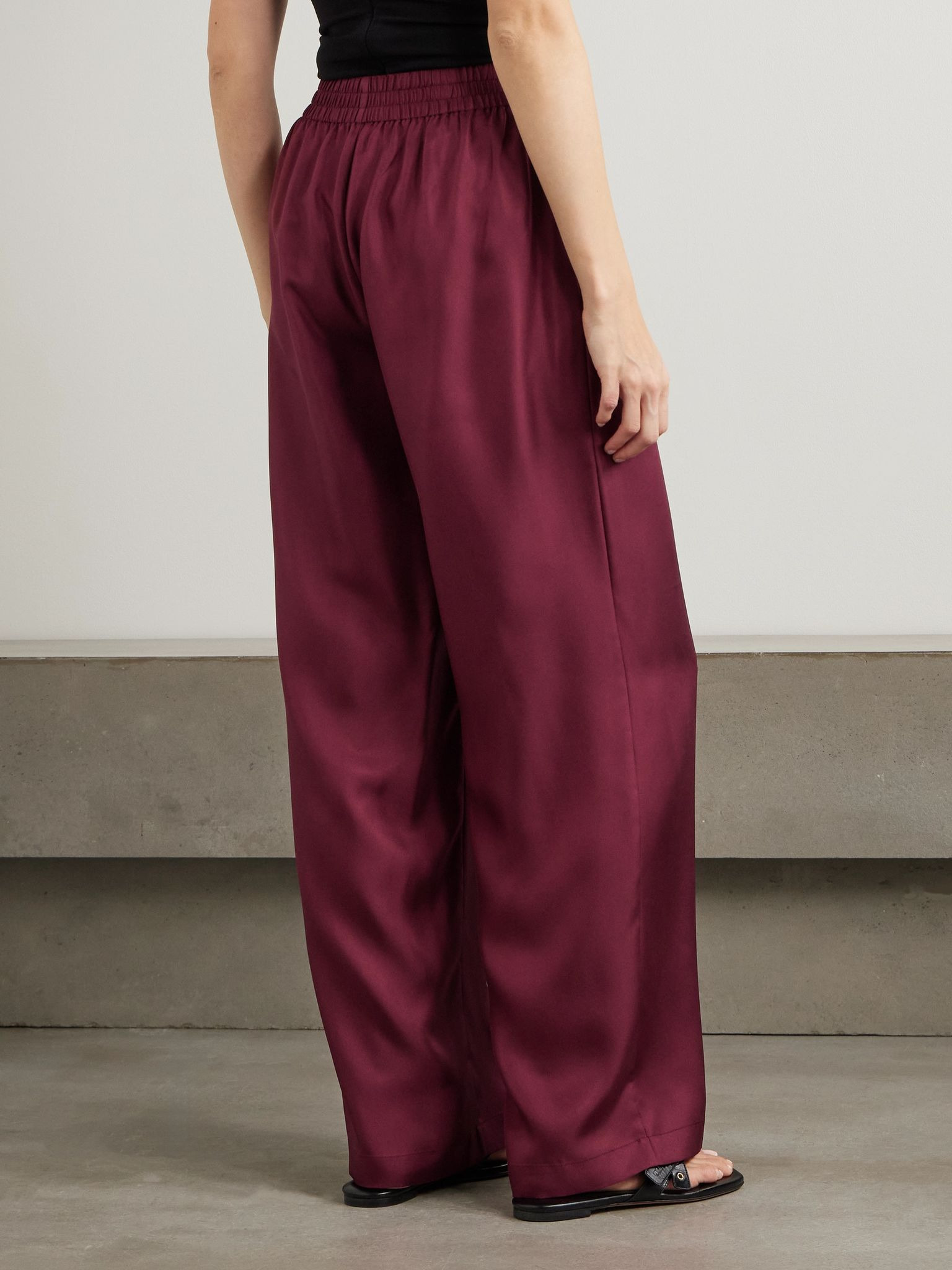Silk-twill wide-leg track pants Burgundy - 3