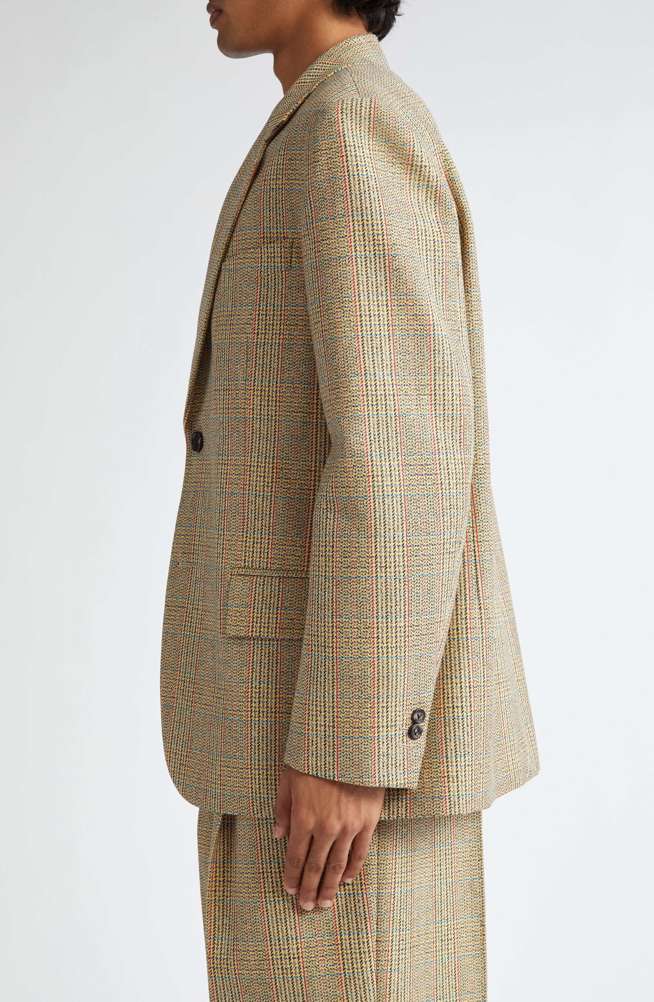 Bottega Veneta Distorted Prince of Wales Wool Blend Sport Coat in Beige/Yellow/Blue at Nordstrom - 4