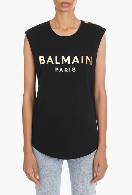 Black cotton T-shirt with gold Balmain logo print - 5