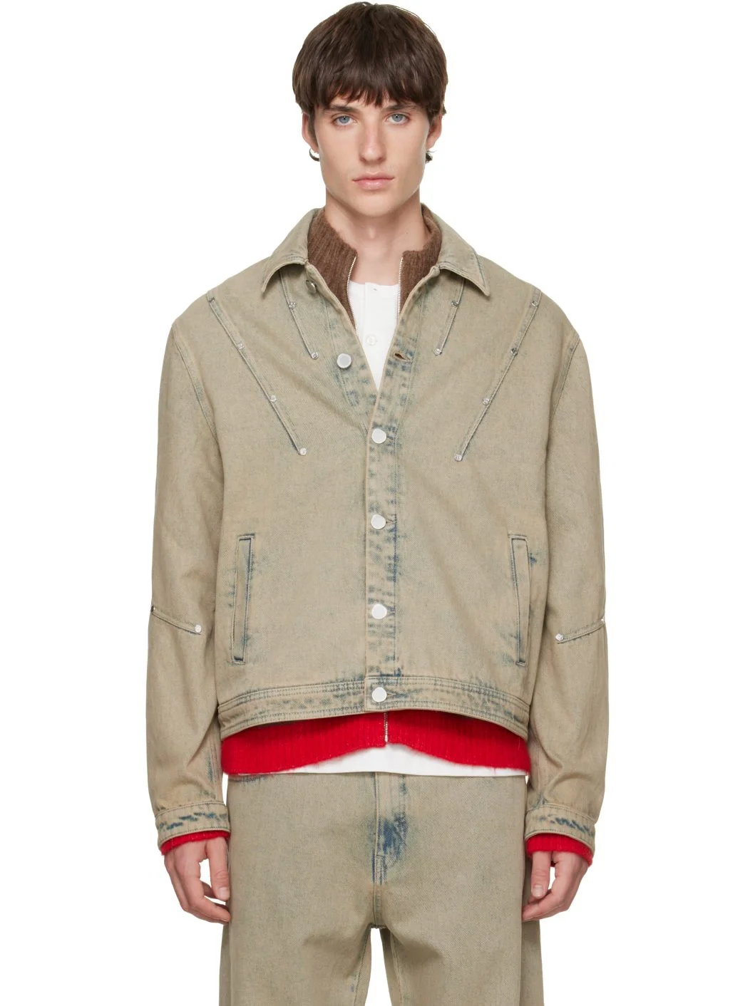 Beige Darted Denim Trucker Jacket - 1