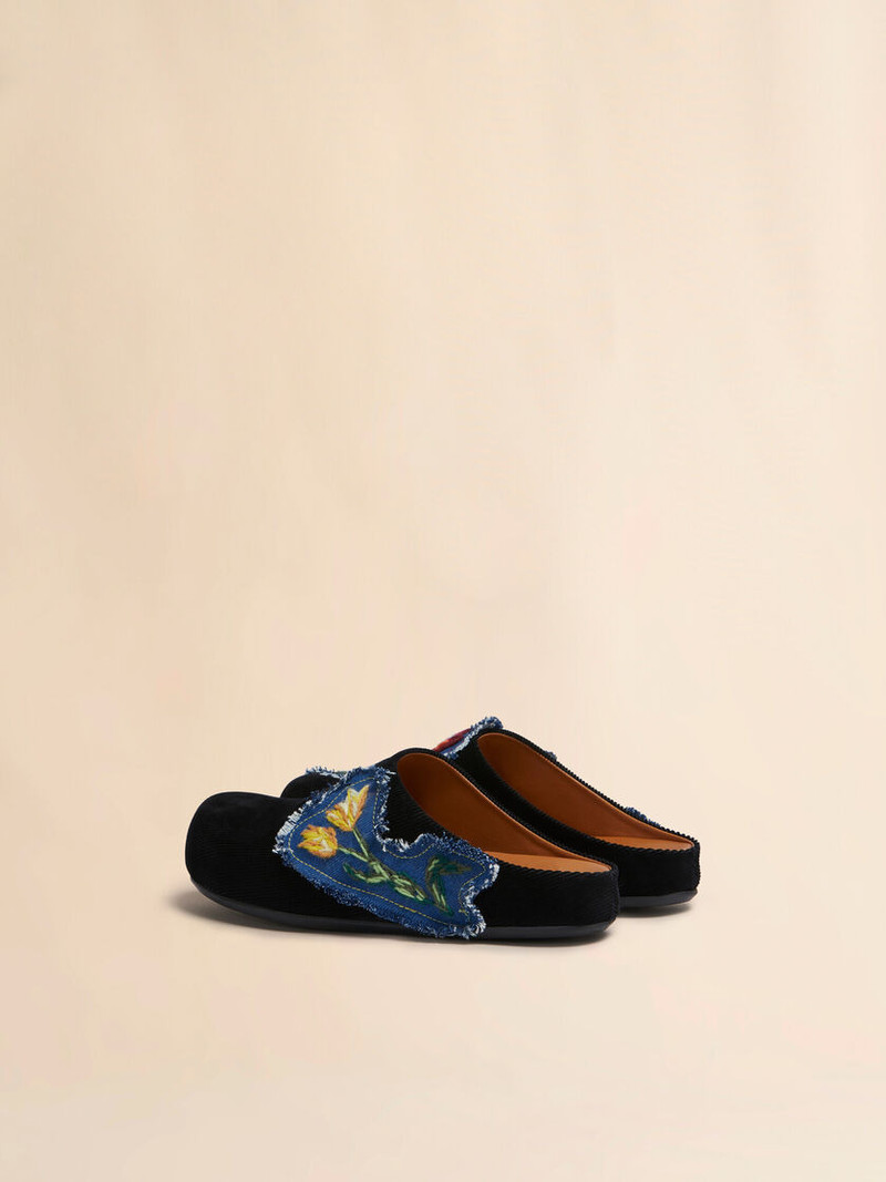 Marni BLACK CORDUROY FUSSBETT SABOT WITH DENIM APPLIQUÉS outlook