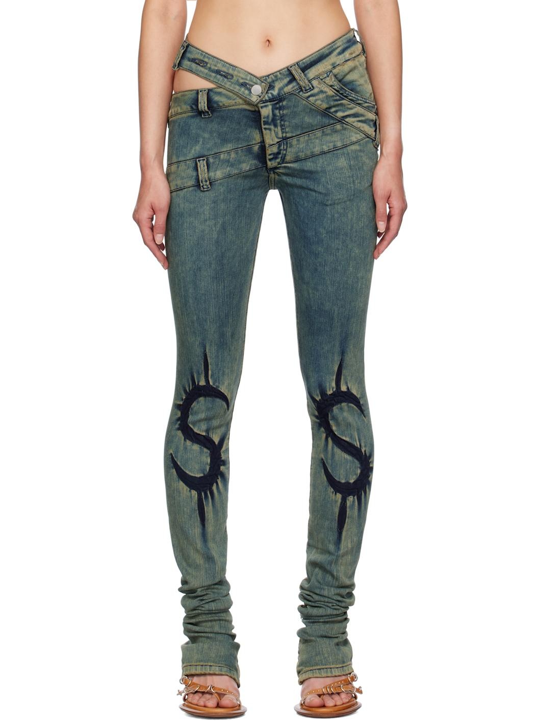 Blue Skinny Dollar Sign Joggins Back Zips Jeans - 1