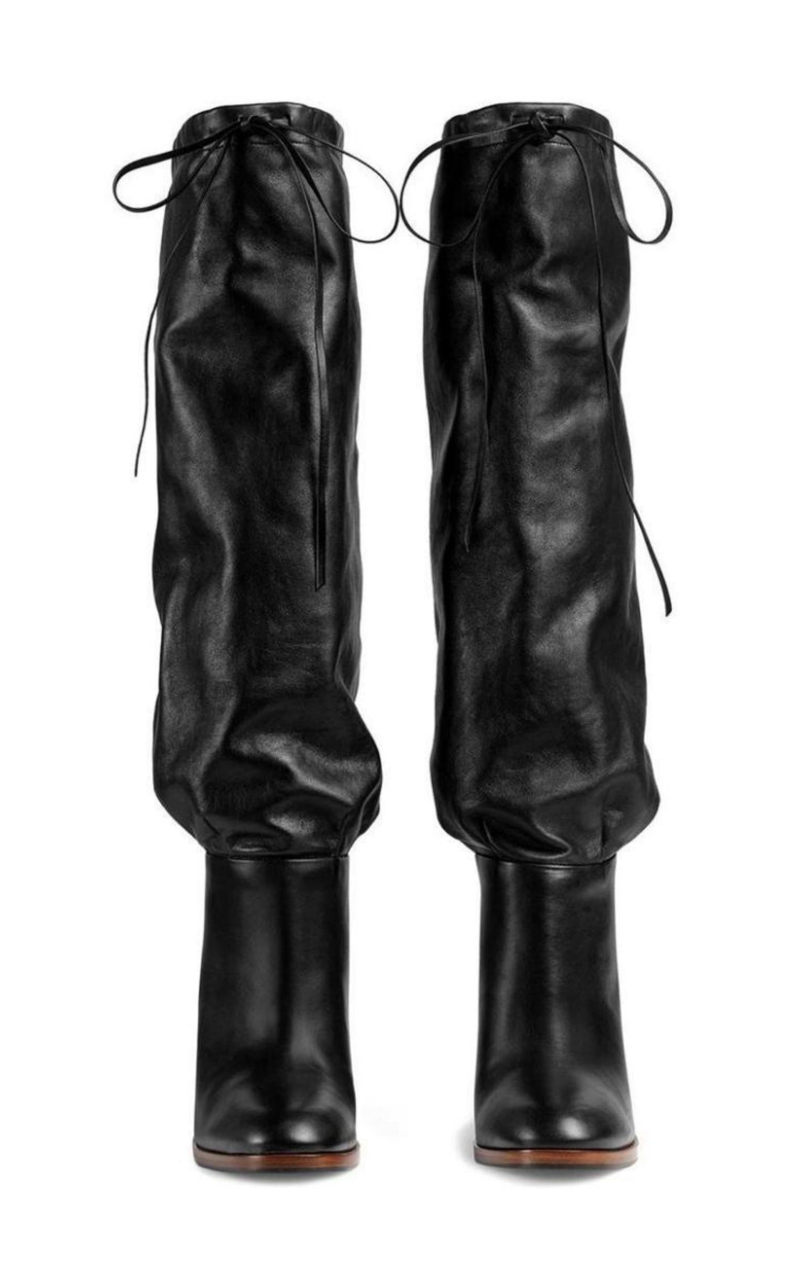 Black Leather Mid-heel Boot - 5