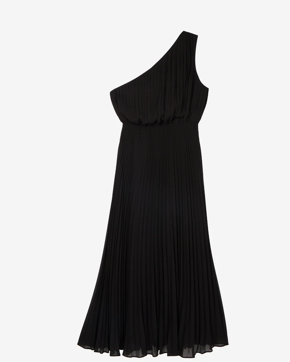 BLACK ASYMMETRICAL PLEATED MAXI DRESS - 1