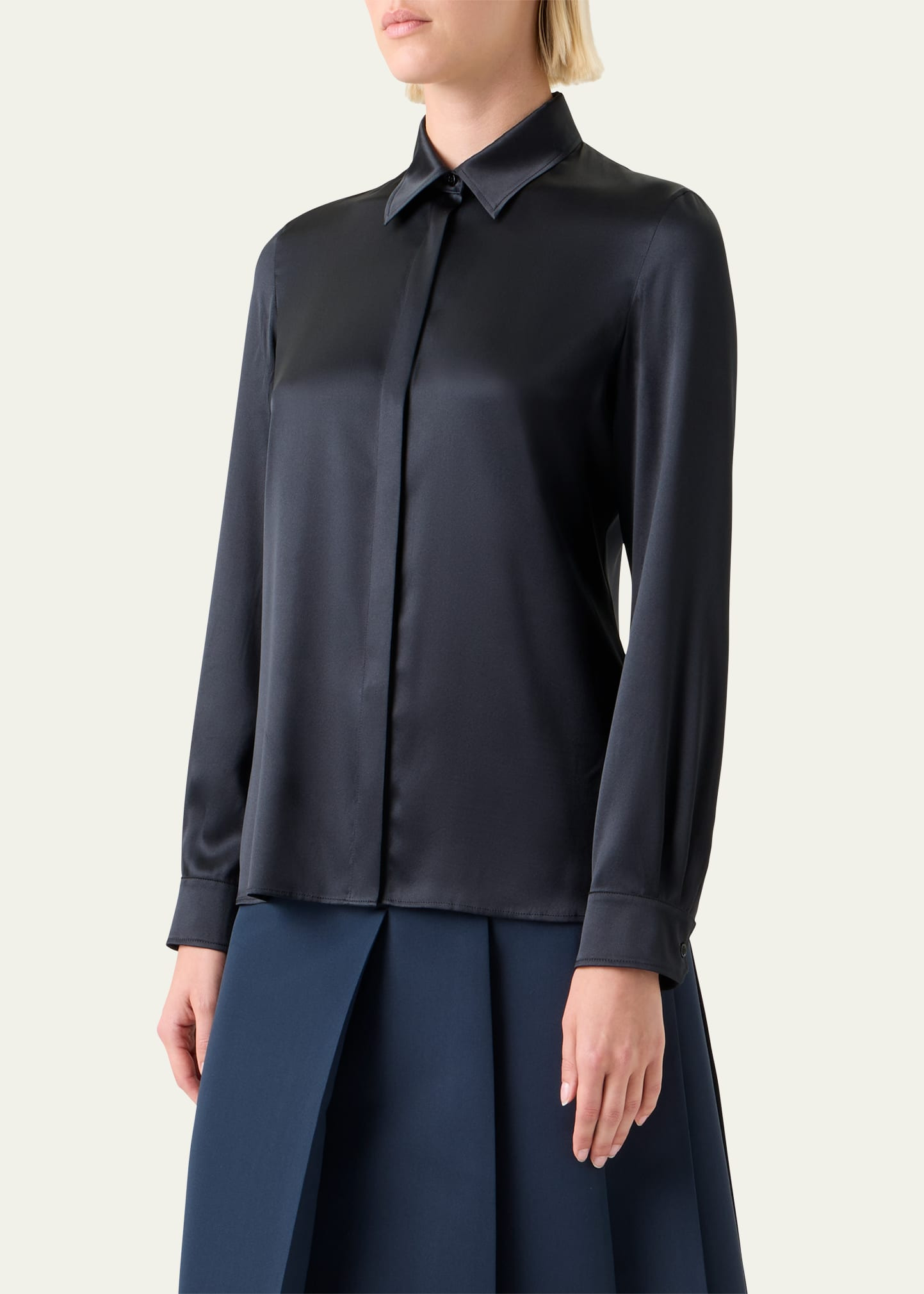 Stretch Silk Satin Button-Down Blouse - 4