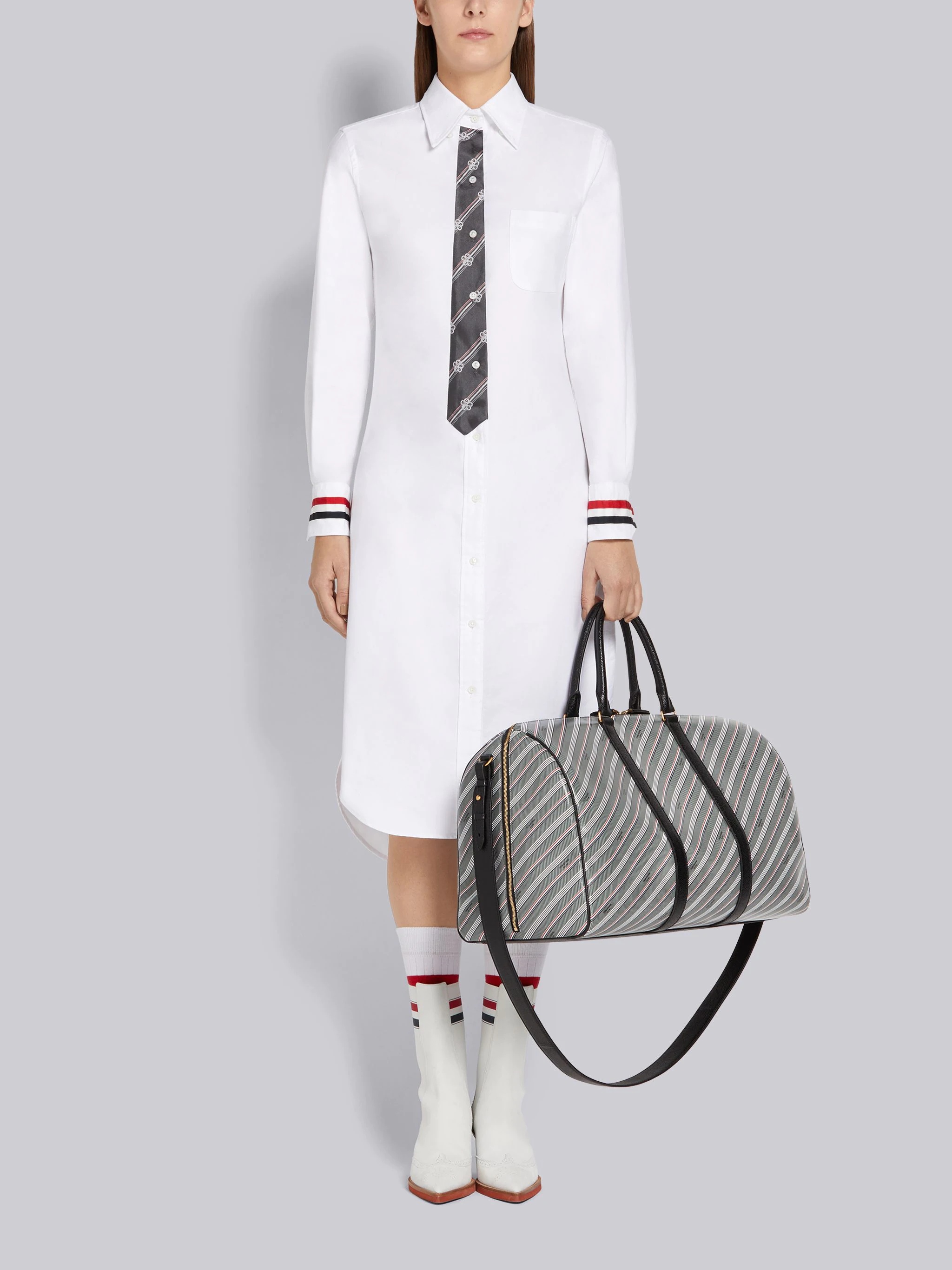 White Oxford Button Down Long-sleeved Classic Shirtdress With Tie - 4