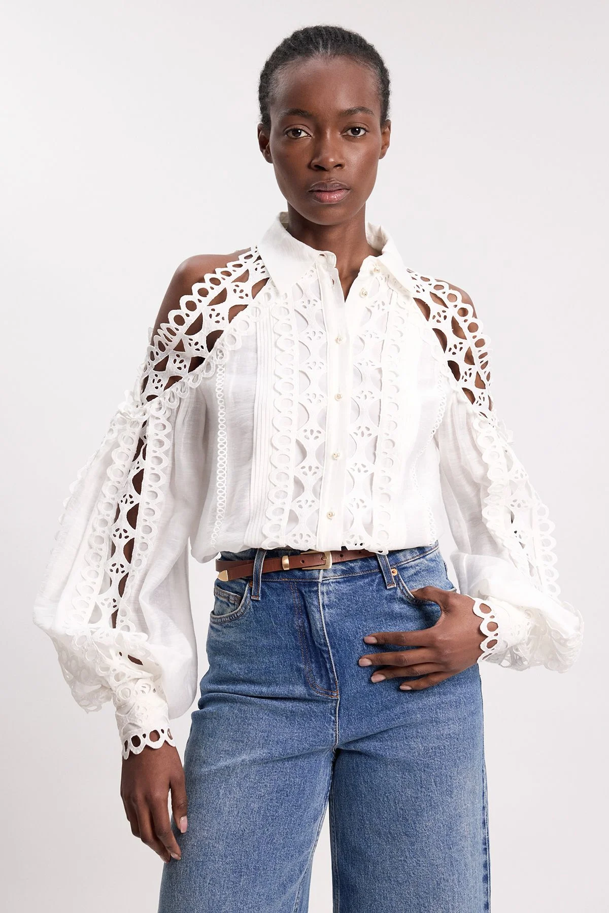 Tape Detail Cold Shoulder Woven Blouse - 1