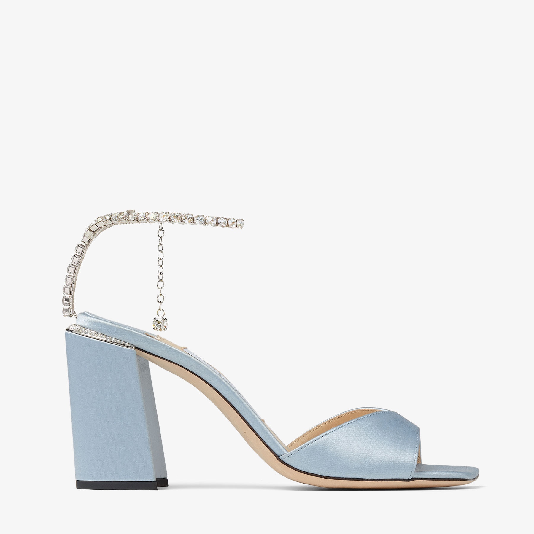 Saeda Sandal Block Heel 85
Ice Blue Satin Block Heel Sandals with Swarovski Crystal Chain - 1