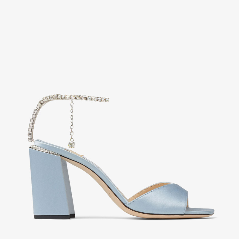 Saeda Sandal Block Heel 85 Ice Blue Satin Block Heel Sandals with Swarovski Crystal Chain - 1