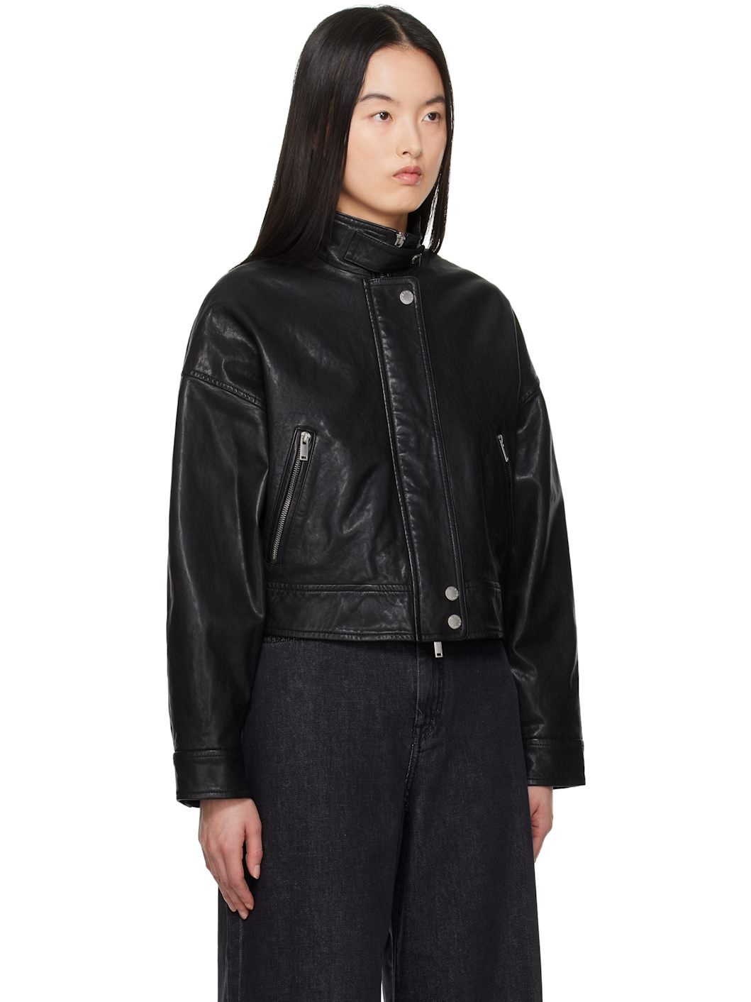 Black Angel Leather Bomber Jacket - 2