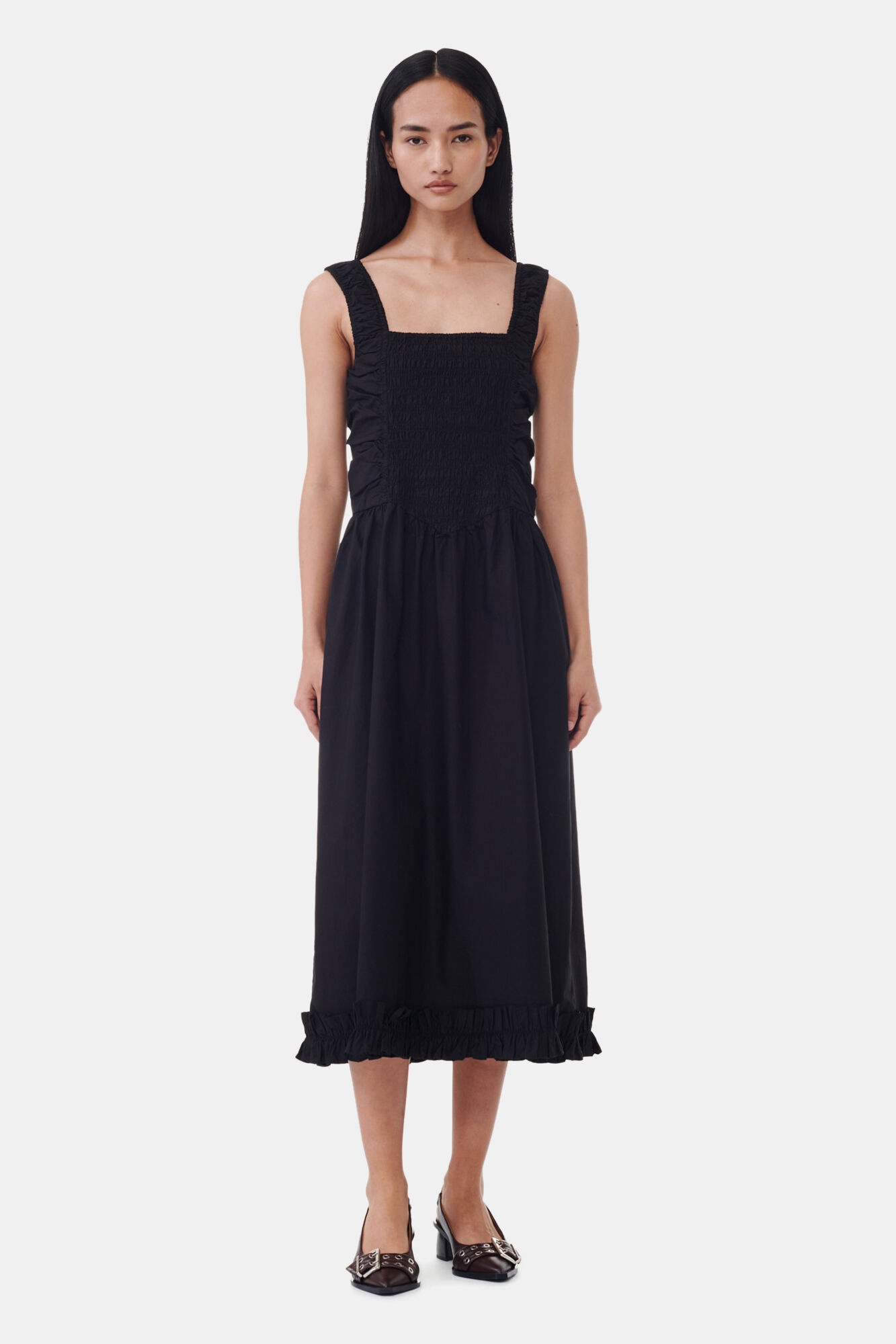BLACK COTTON POPLIN MIDI STRAP SMOCK DRESS - 2