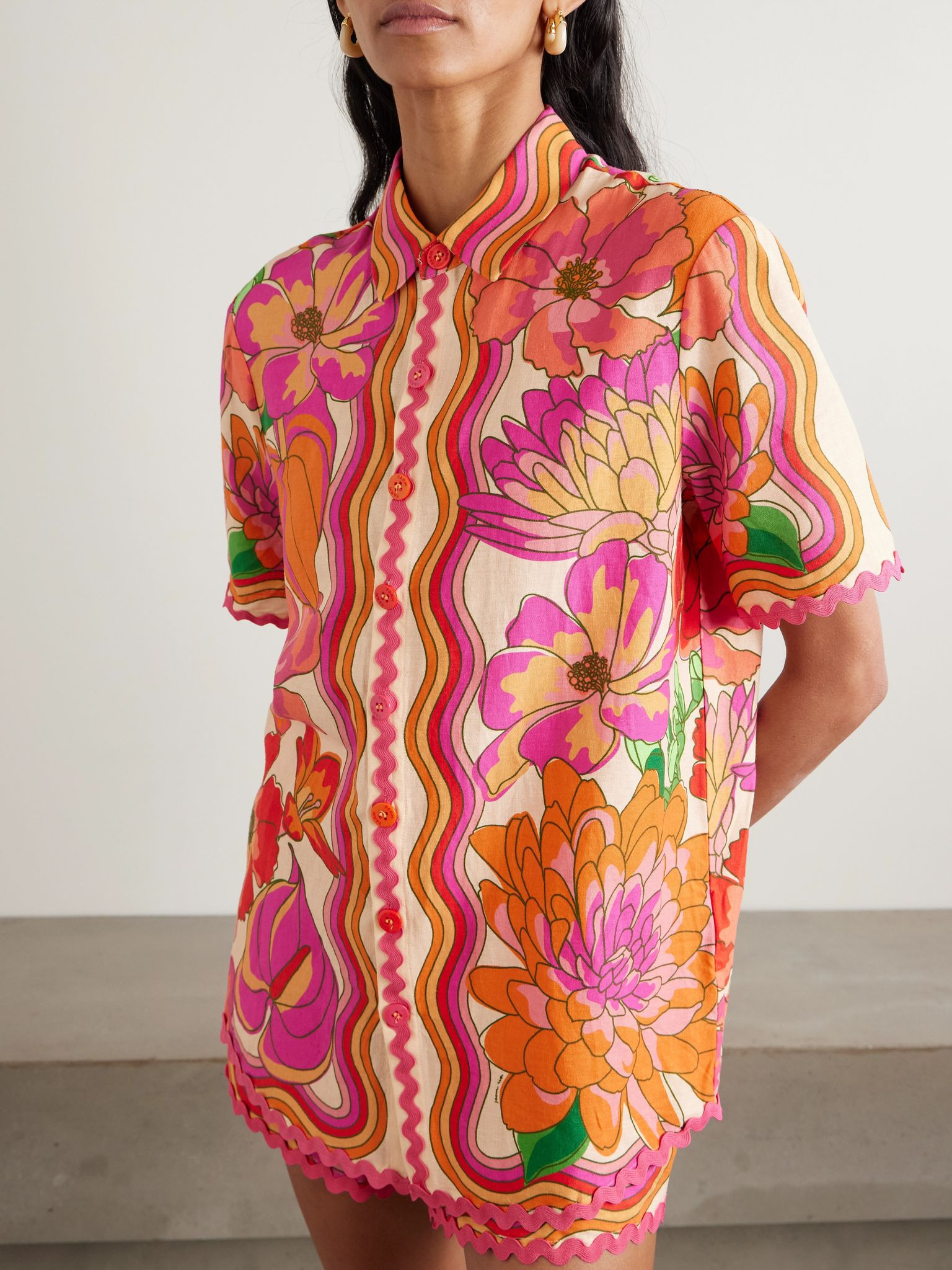 Spring Affair floral-print linen-blend shirt Orange - 3