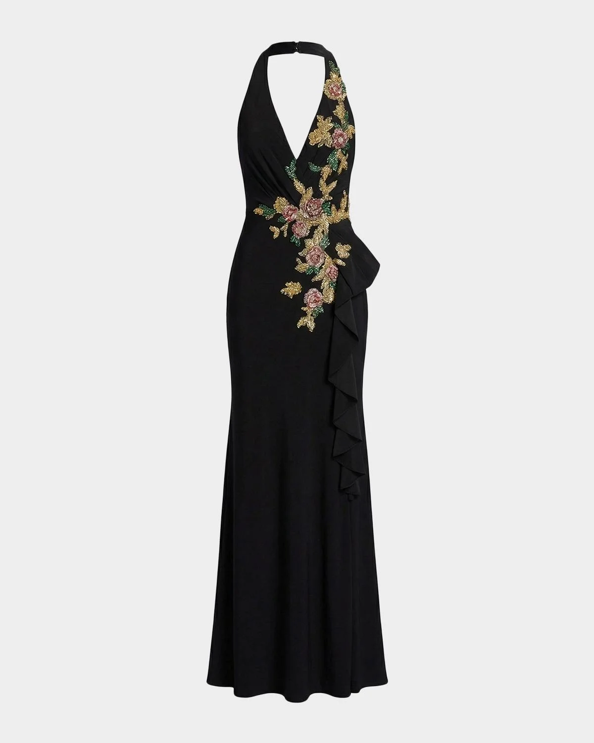 Floral Beaded Plunging Halter Gown - 1