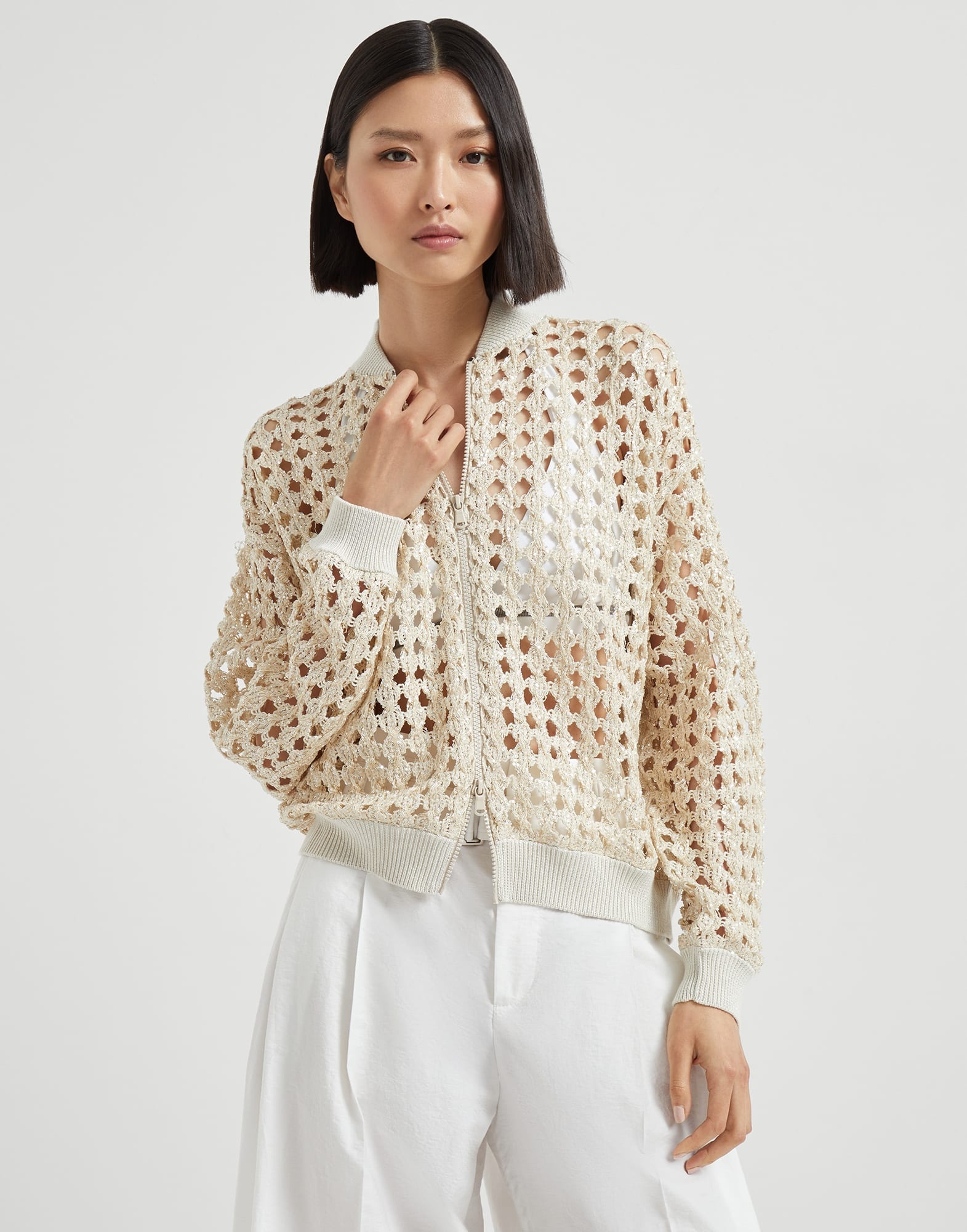 Dazzling Zellige Embroidery knit bomber jacket in jute and cotton - 1