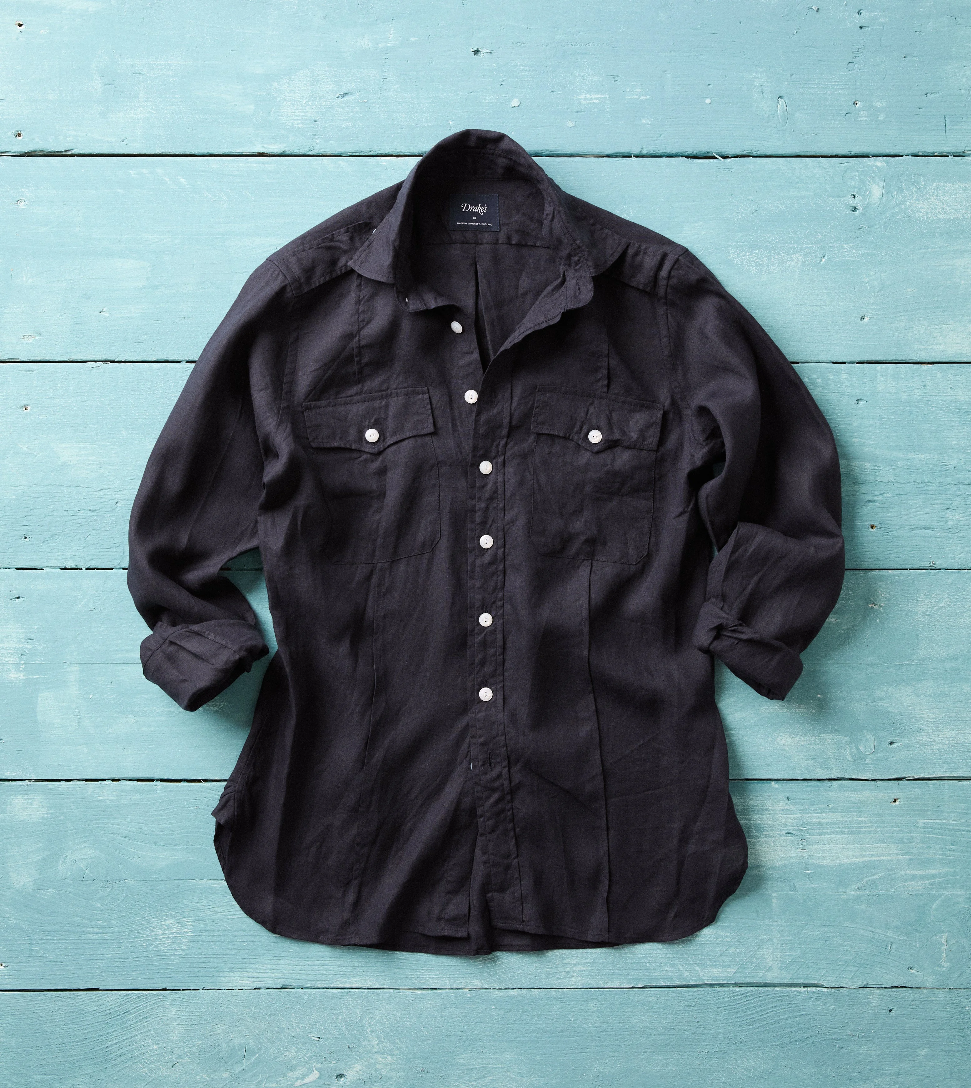 Navy Linen Pintuck Military Shirt - 1