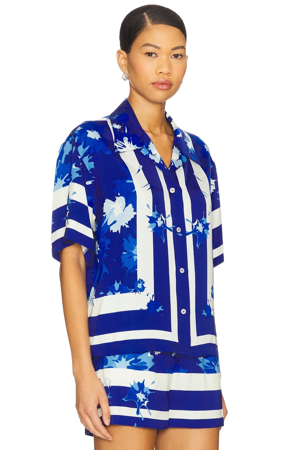 Printed Short Sleeve Button Up Top - 2