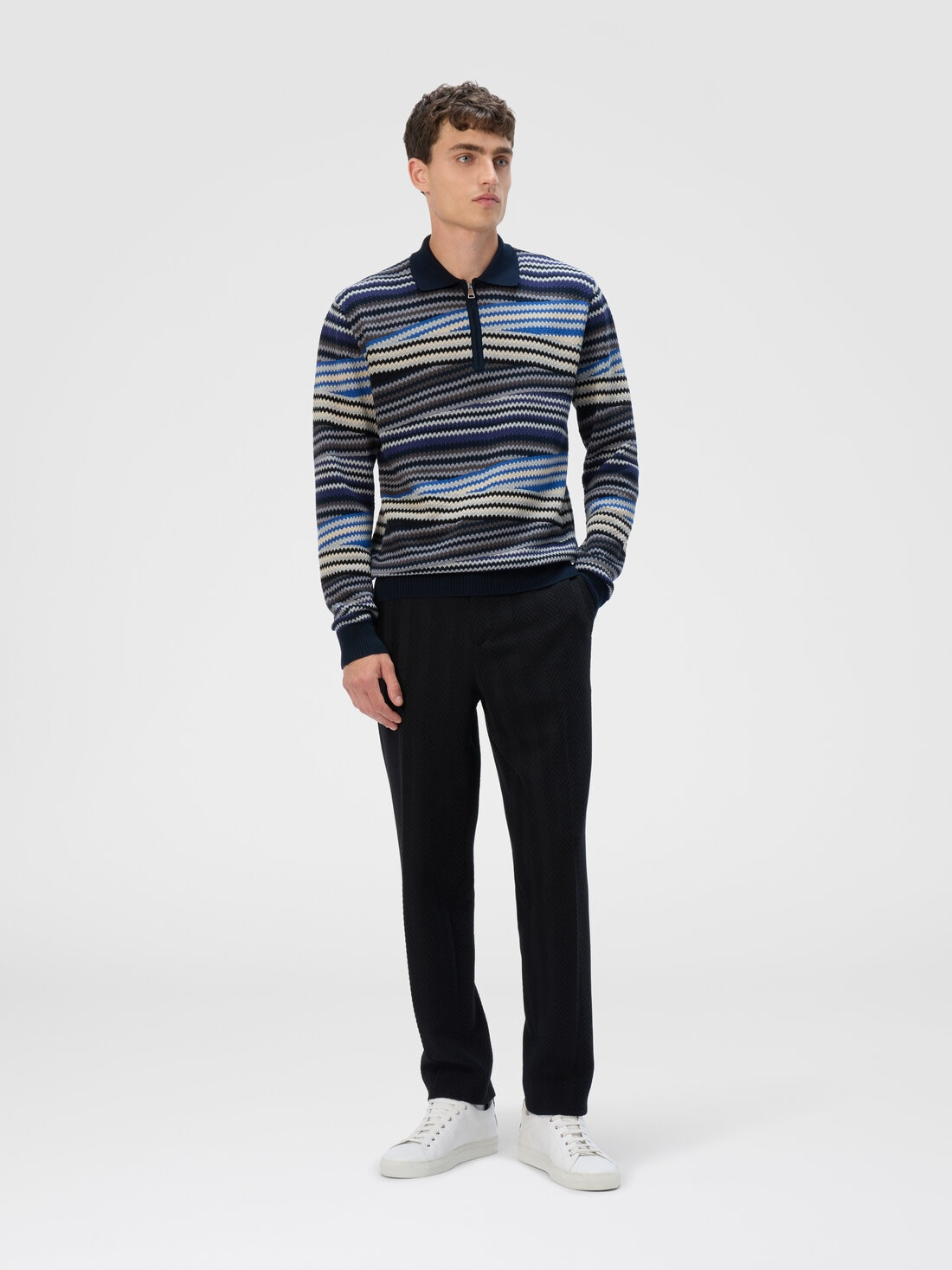 Long Sleeve Polo with Zip and Striped Zigzag Pattern - 2