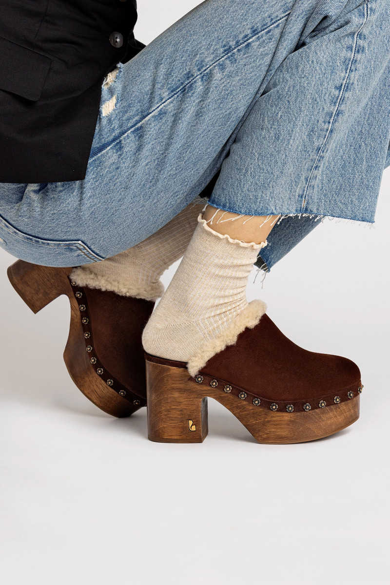 Larroudé Miso Wooden Platform Clog In Brown Suede And Natural Shearling outlook