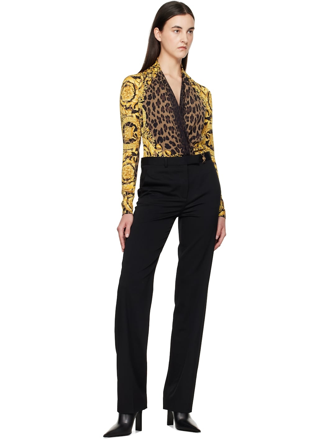 Black & Gold Wild Barocco Silk Draped Bodysuit - 5
