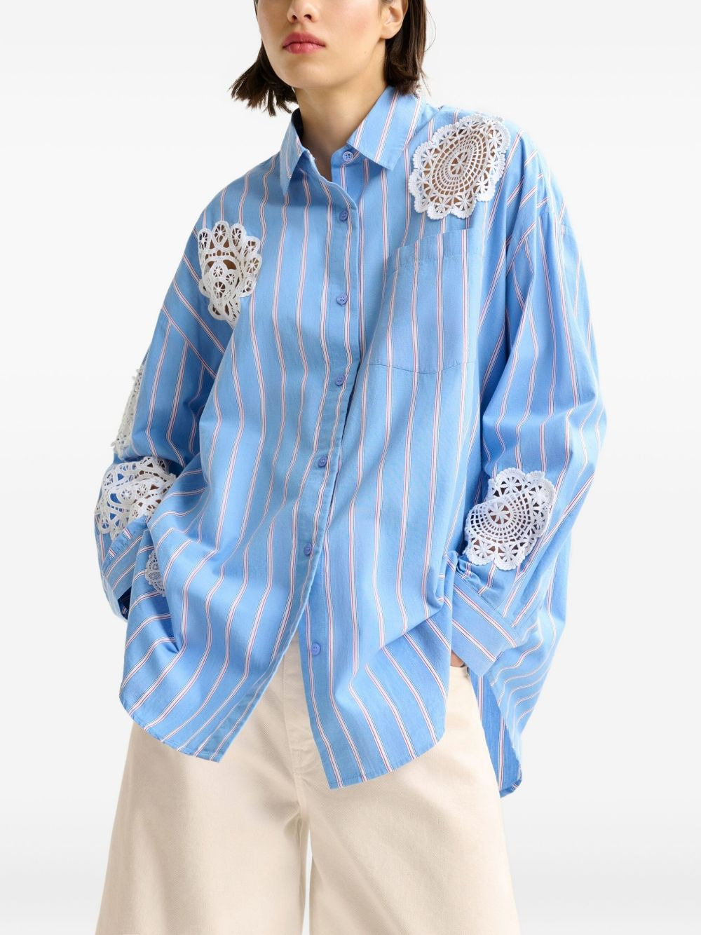 striped lace-patchwork shirt - 3