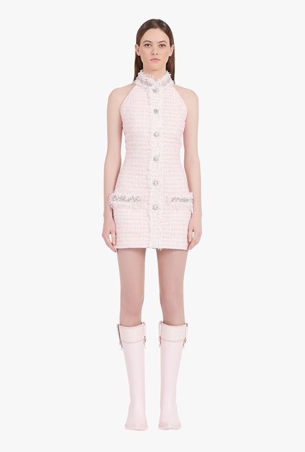 White and pale pink tweed open-back dress with embroideries - 4