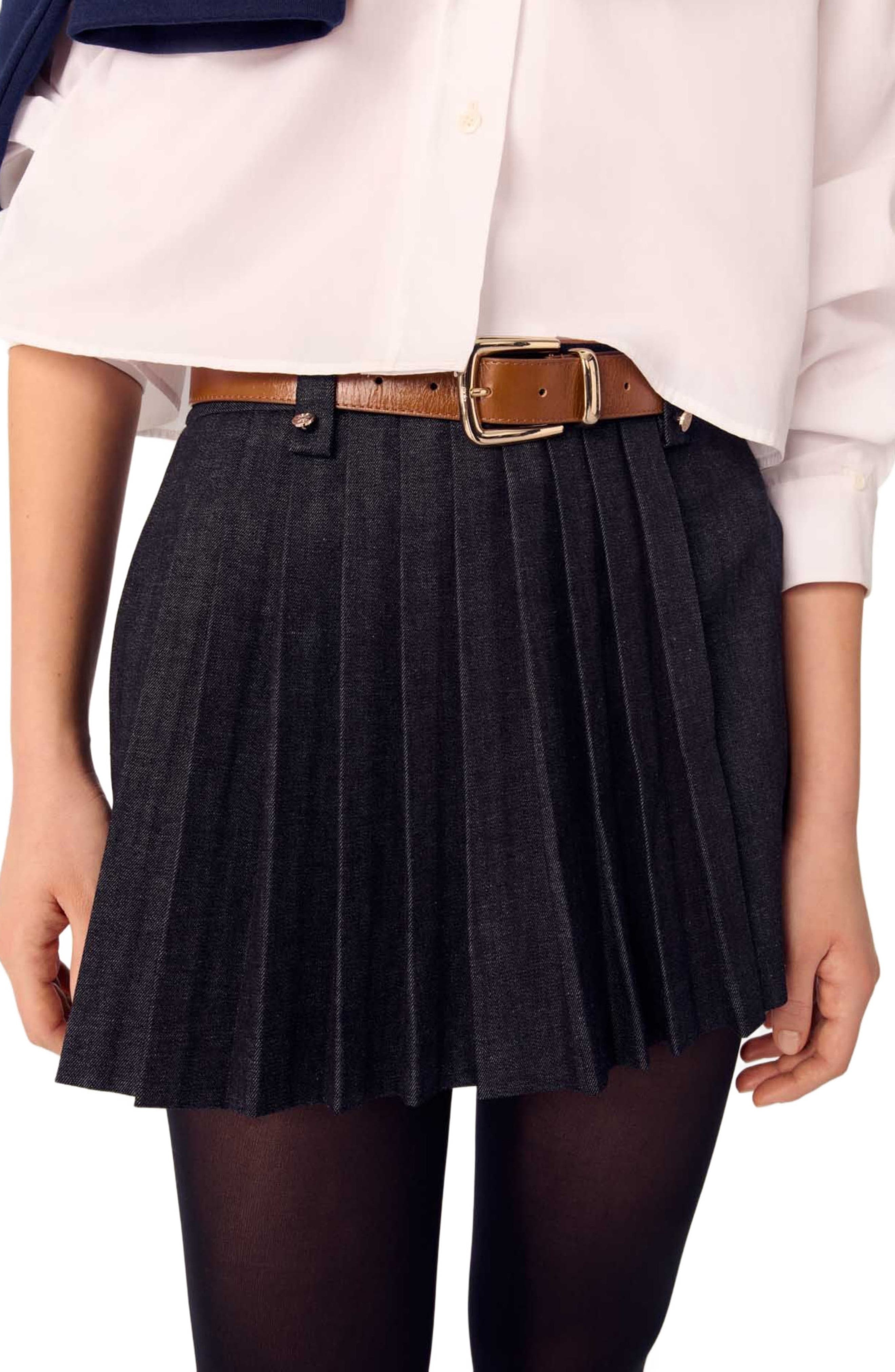 maje Layered-effect pleated denim shorts in Black at Nordstrom - 8