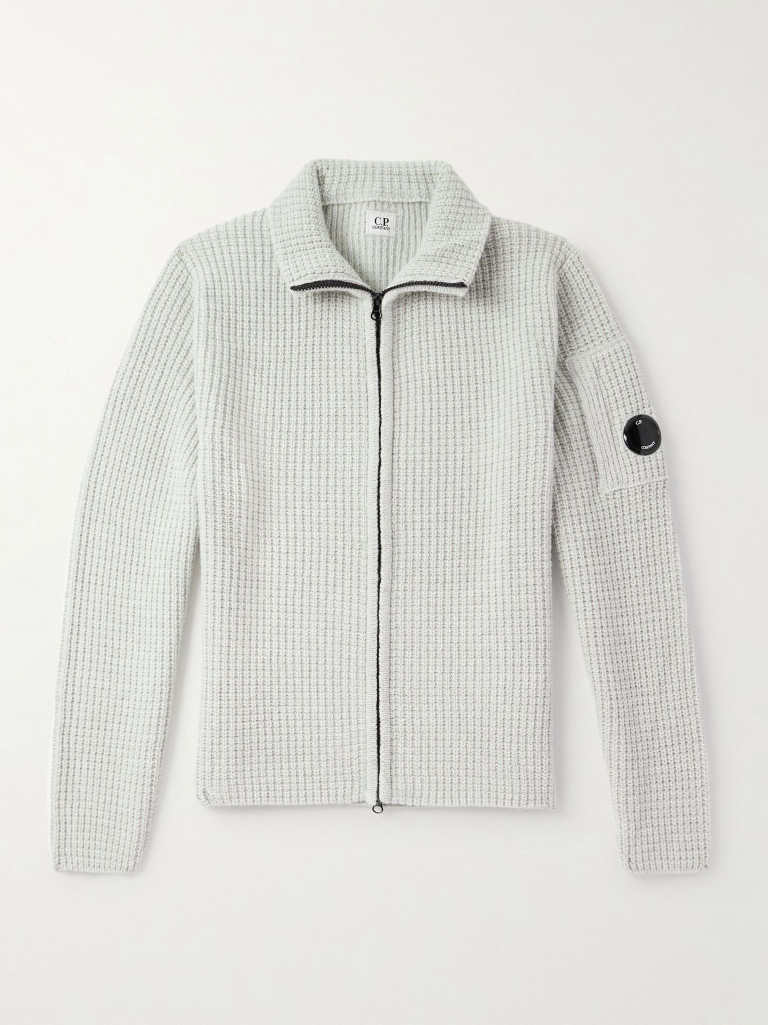 Logo-Appliquéd Waffle-Knit Wool-Blend Zip-Up Sweatshirt Ecru - 1