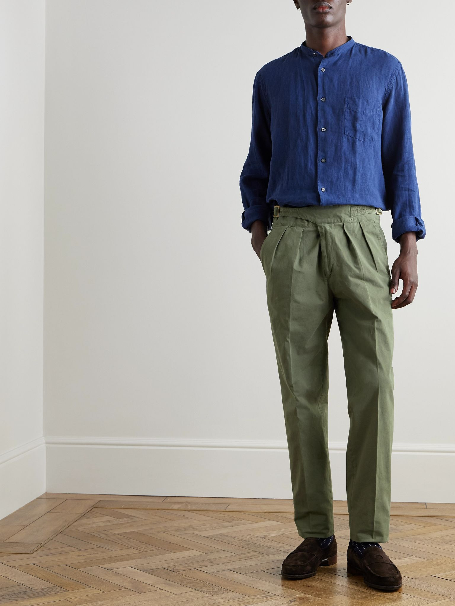 Manny Straight-Leg Pleated Cotton-Twill Trousers Green - 2