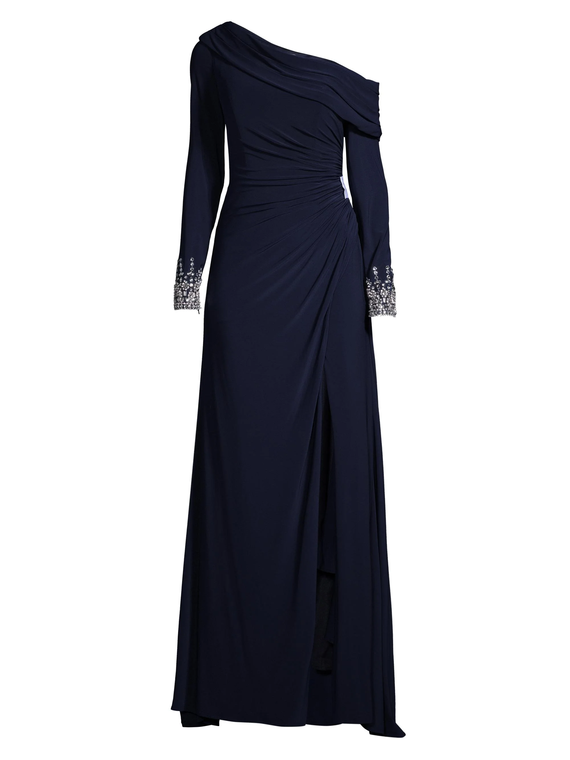 Women's One-Shoulder Jersey Ruched Side Slit Gown - Midnight - 1