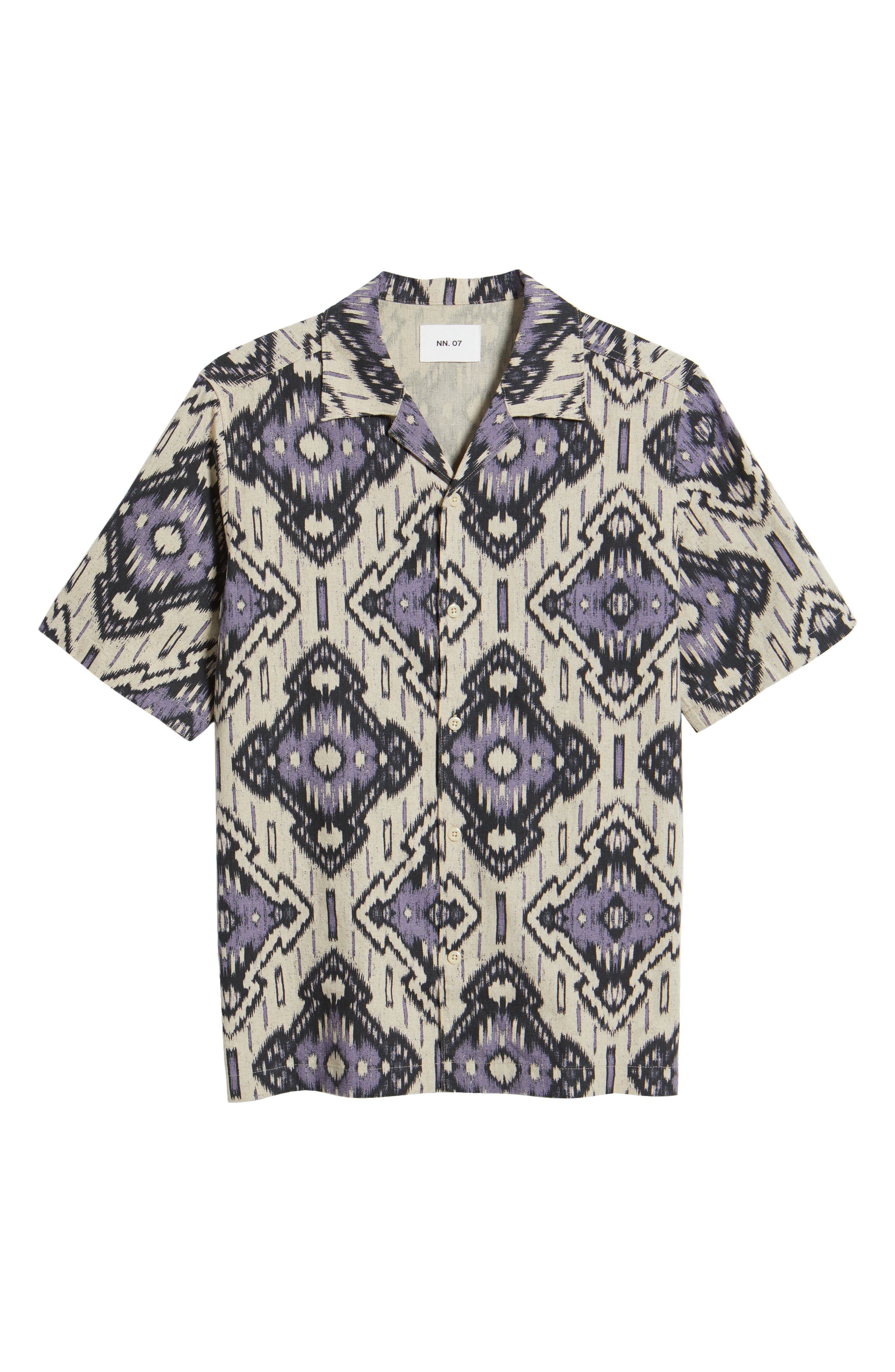 NN07 Julio Ikat Print Linen & Cotton Camp Shirt in Violet at Nordstrom - 6