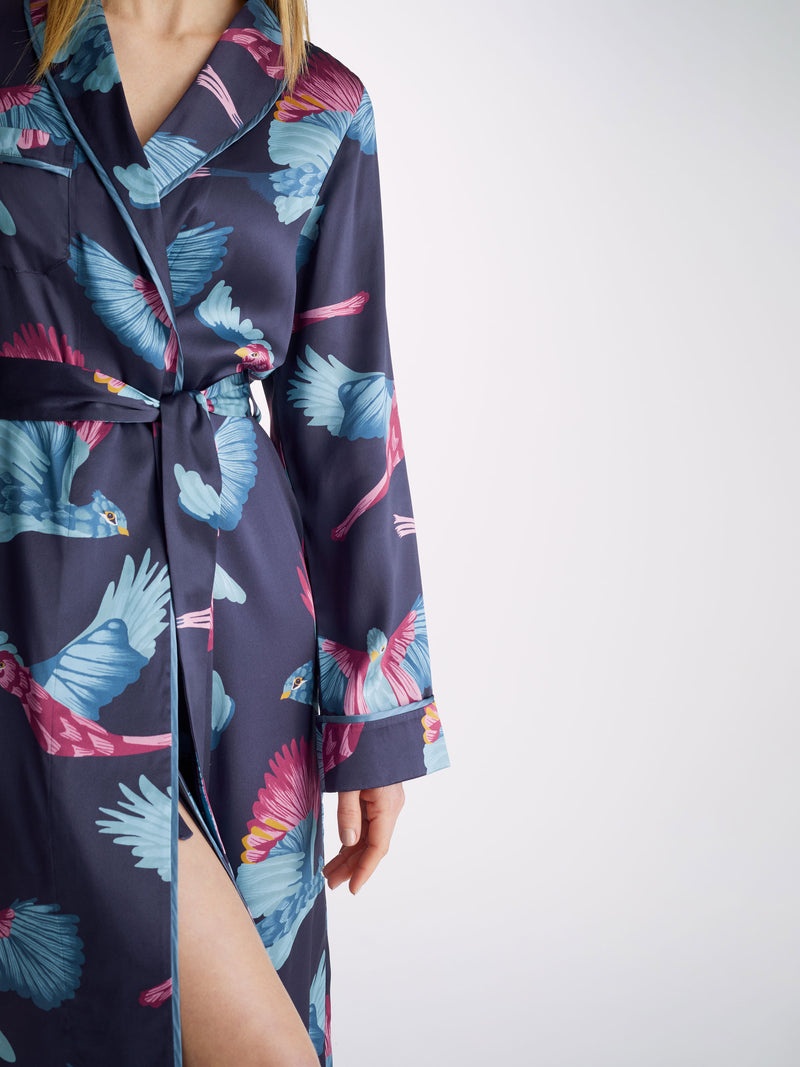 Women's Long Dressing Gown Brindisi 95 Silk Satin Navy - 2