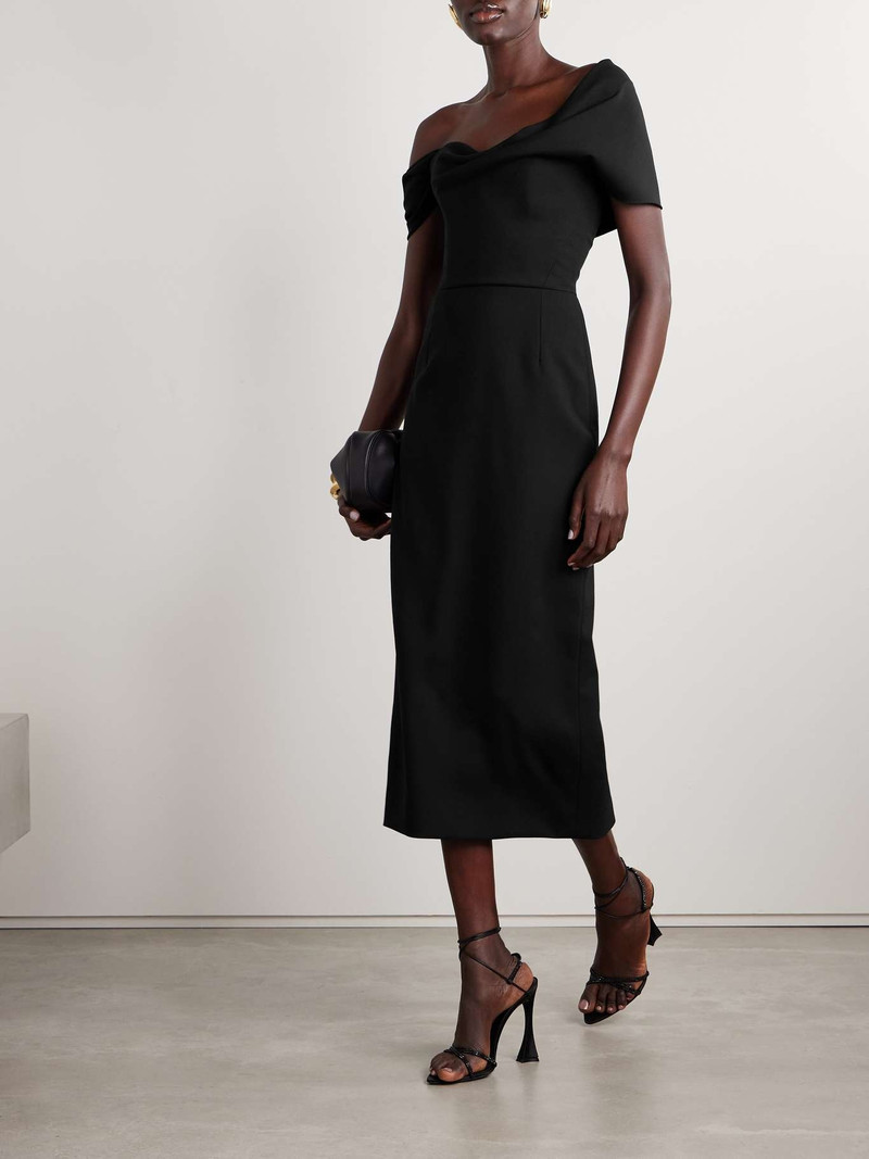CAROLINA HERRERA Off-the-shoulder draped wool-blend crepe midi dress Black outlook